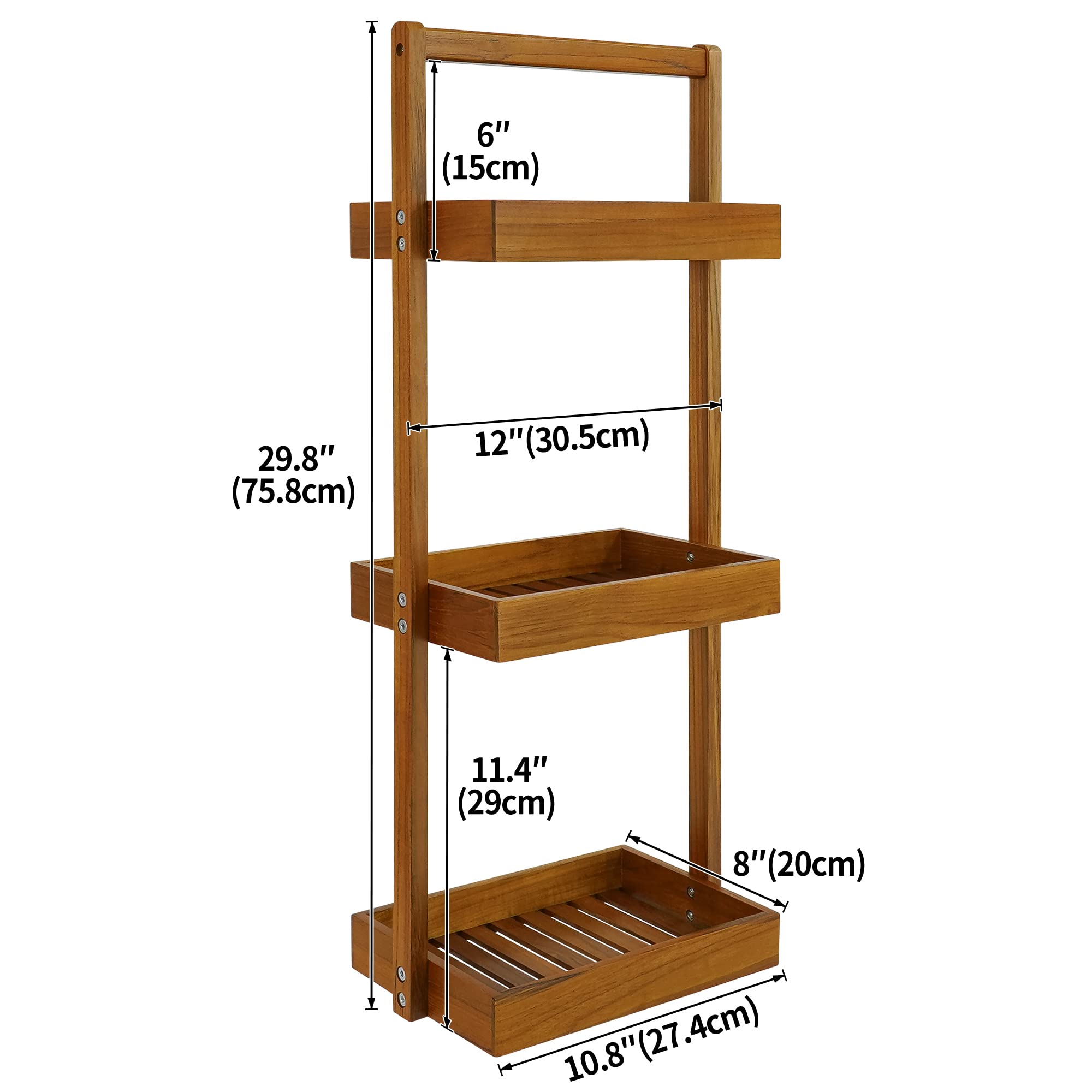 Utoplike Teak Shower Caddy Corner, 3 Tier Standing Shower Organizer Shelf With Handle, Wood Bathroom Stand Up Caddy Basket For S