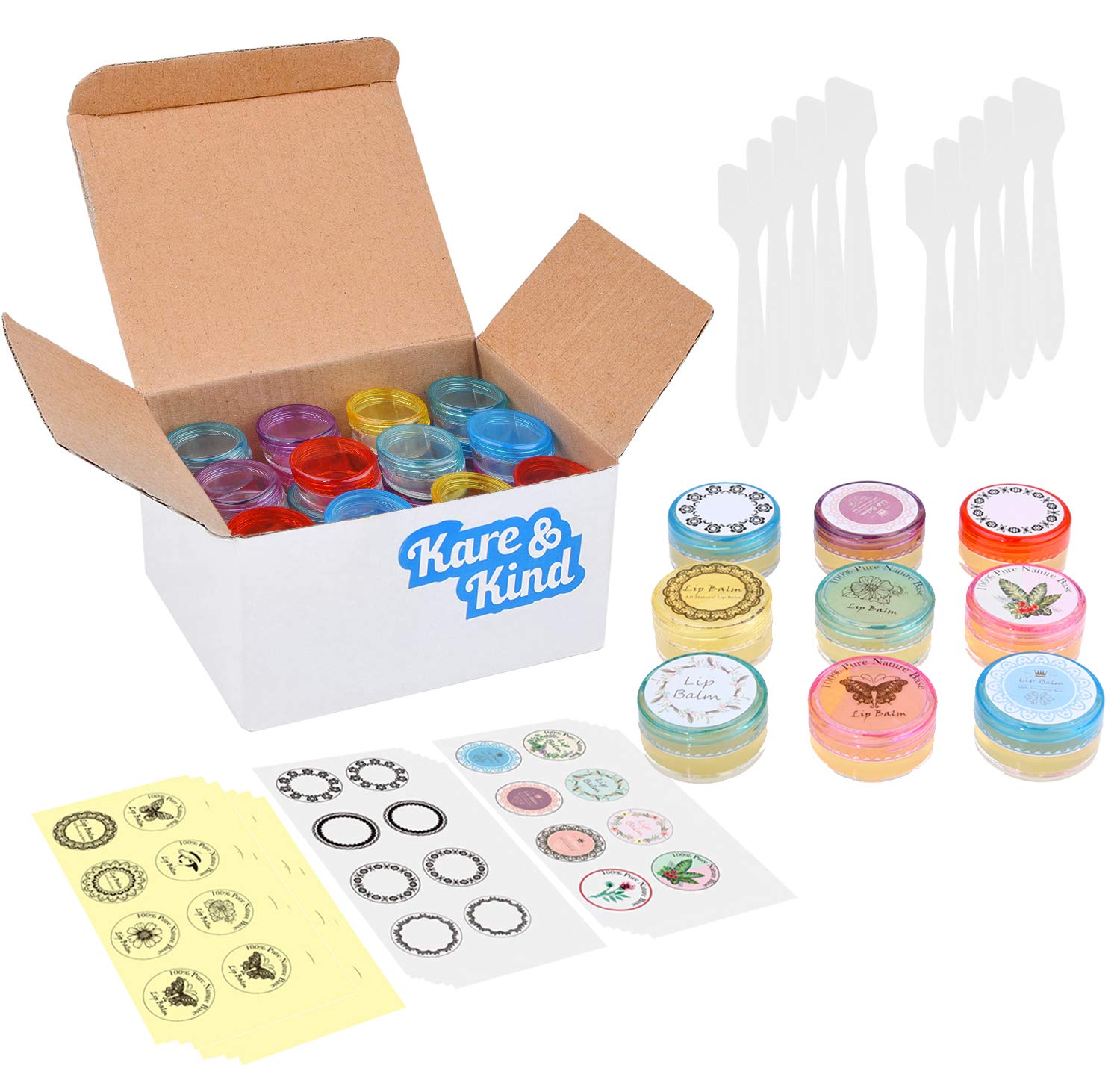 Kare & Kind Lip Balm Container Jars - For Cosmetics - 48-Pack - 6 Colors - Diy - Transparent - 5 Gram (5 Ml/0.17 Oz) - Including