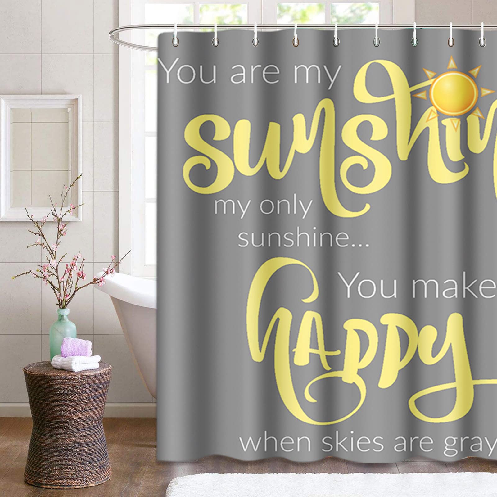 Semtomn Shower Curtain You Are My Sunshine Yellow Gray 66''X72'' Home Decor Waterproof Bath Bathroom Curtain Set With Hooks