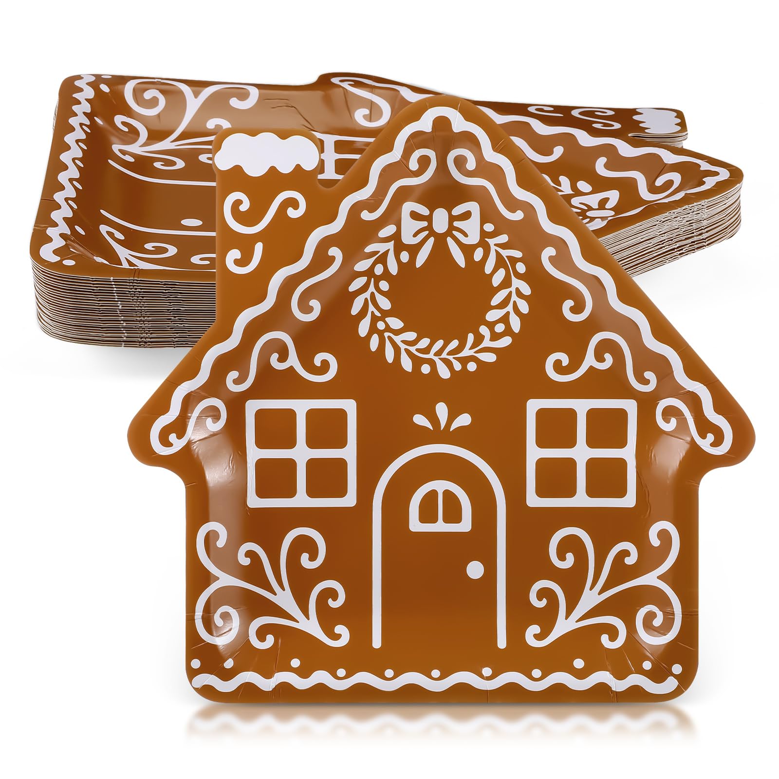 Meanplan 30 Pcs Christmas Gingerbread House Plates Gingerbread House Shaped Disposable Paper Plates Decorative Dinner Tableware 