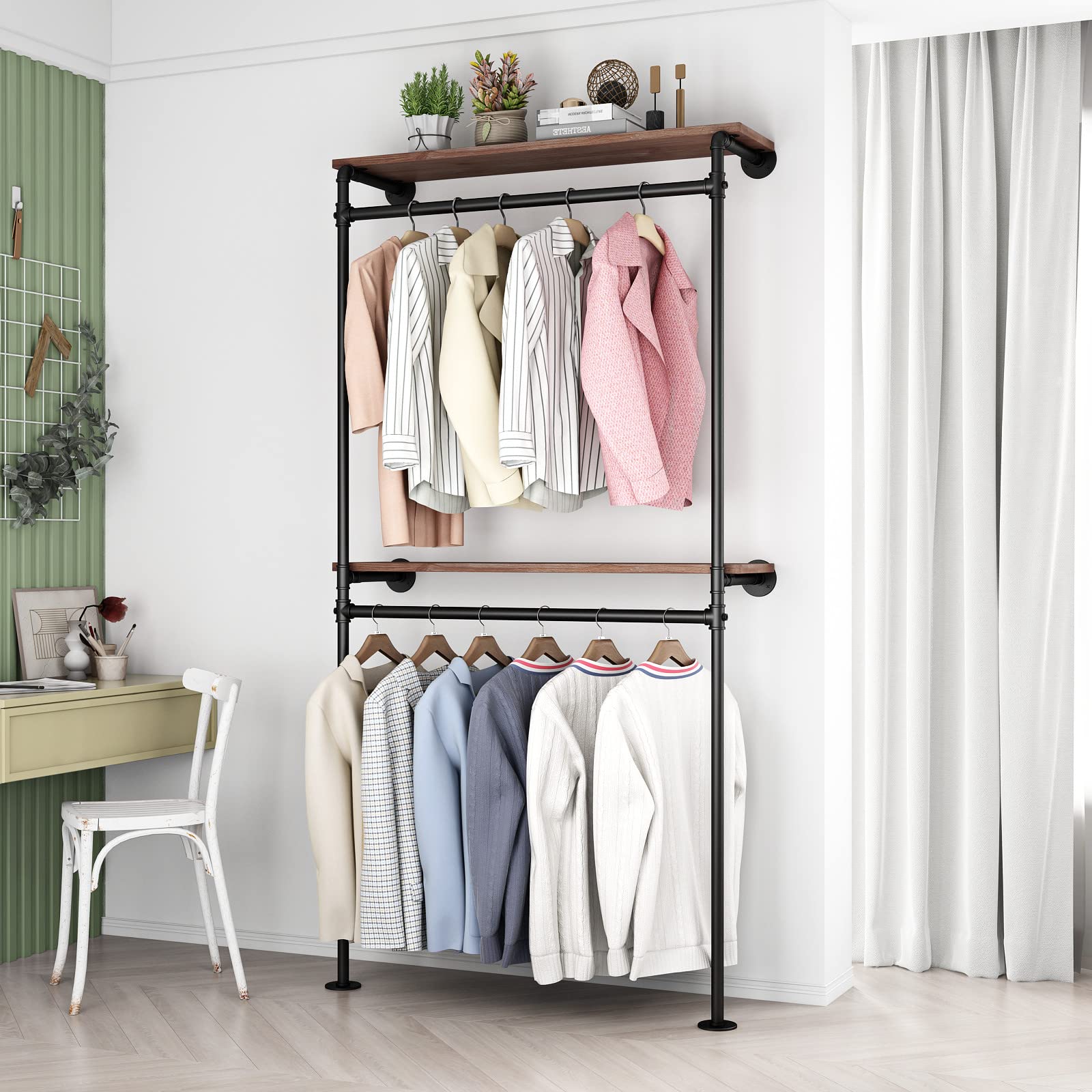 Dr.Iron Industrial Pipe Clothing Racks With 2 Tier Shelves, Wall Mounted Black Clothes Rack With Double Hanging Rods Heavy Duty