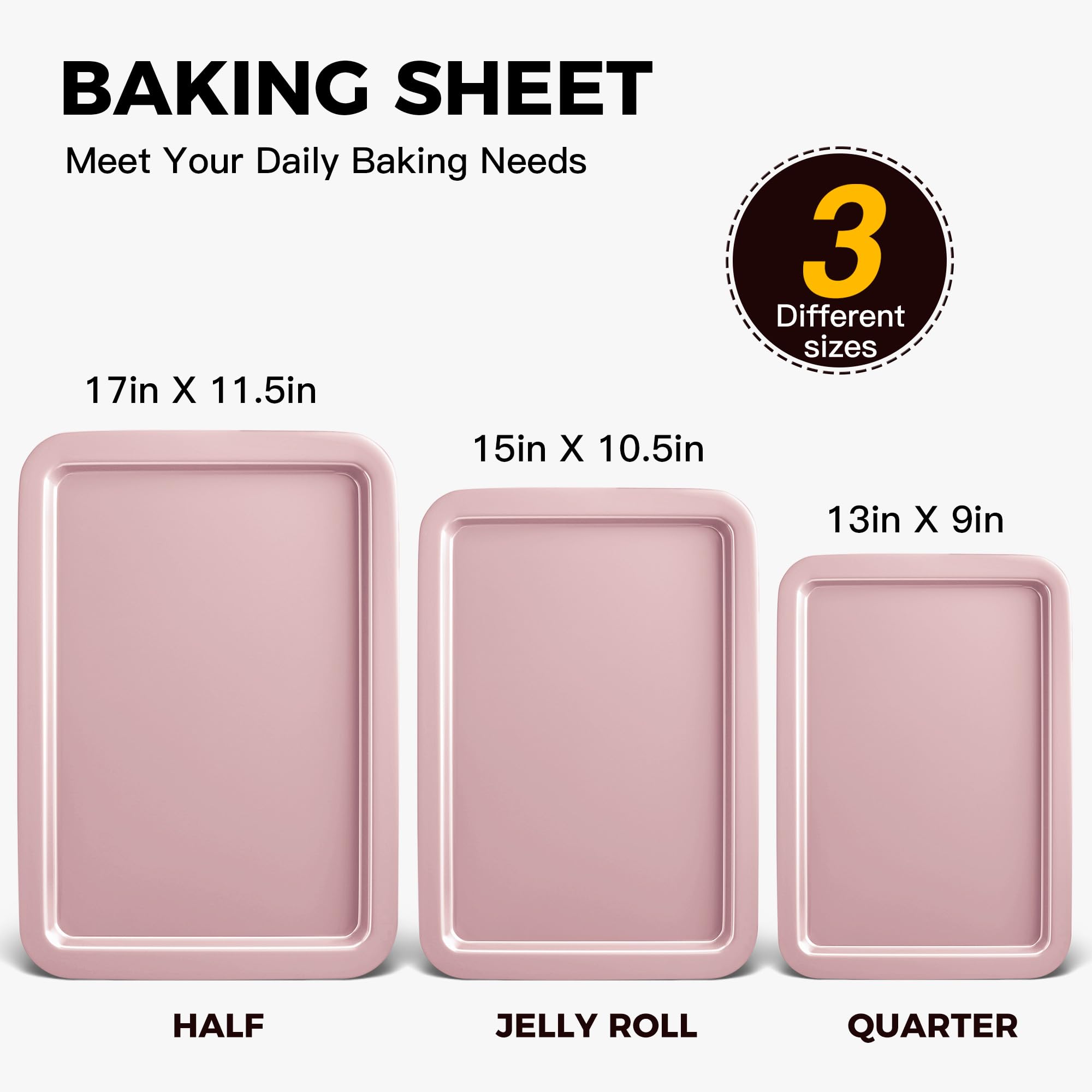 Hongbake Baking Sheet Pan Set, Cookie Sheet For Oven, Nonstick Bakeware Sets With Wider Grips, 3 Pack Half/Jelly Roll/Quarter Ba