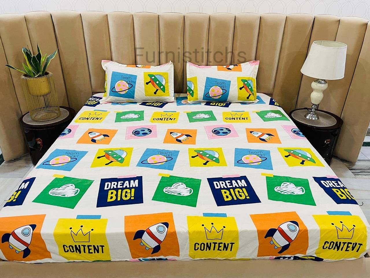 Furnistitchs King Size Bed Cover Elastic Fitted Bedsheet With 2 Pillow Covers (240 X 260 Cms, Dream Big)