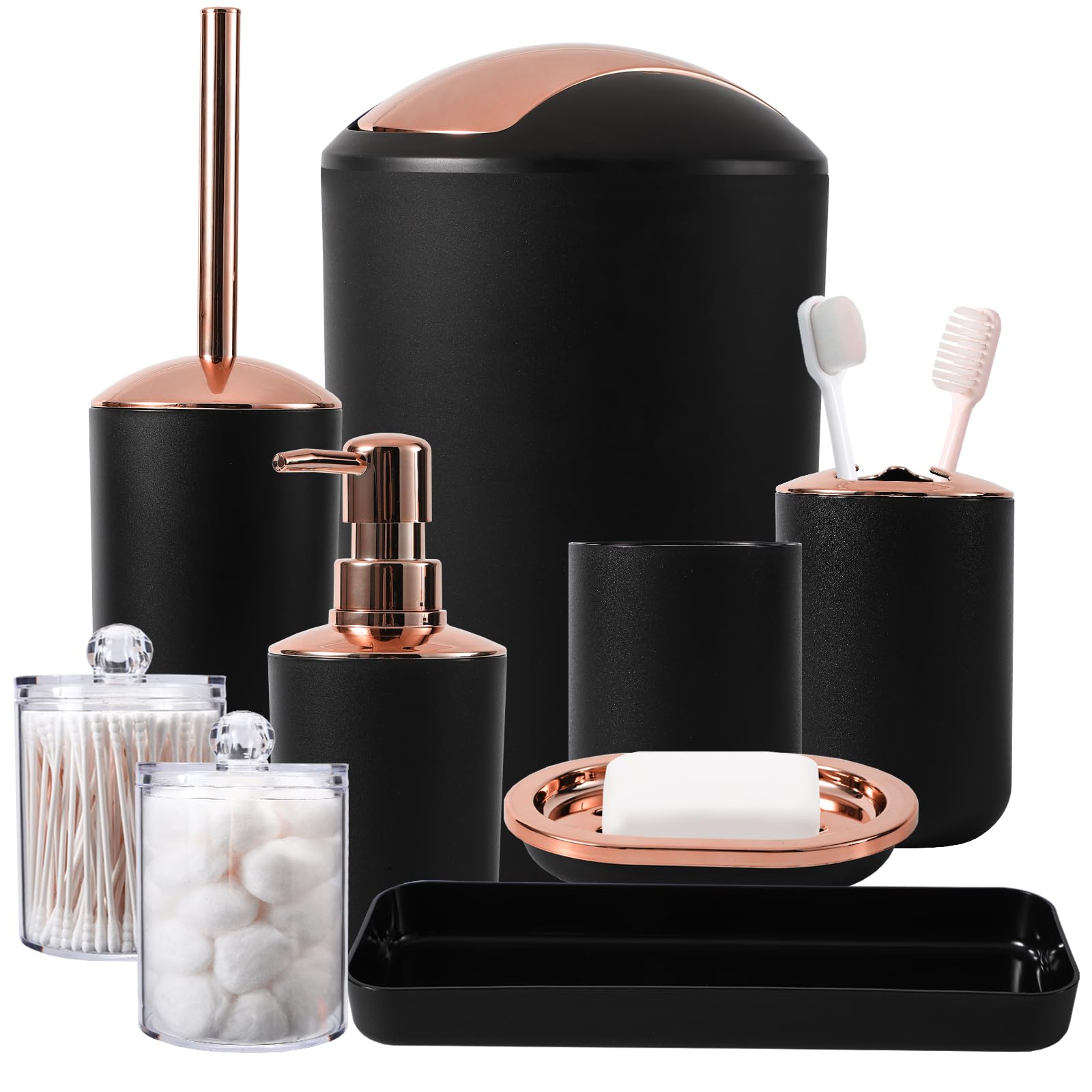 9Pcs Black Bathroom Accessories Set - Trash Can, Soap Dispenser Set, Soap Dish, Toilet Brush With Holder, Toothbrush Holder, Tum