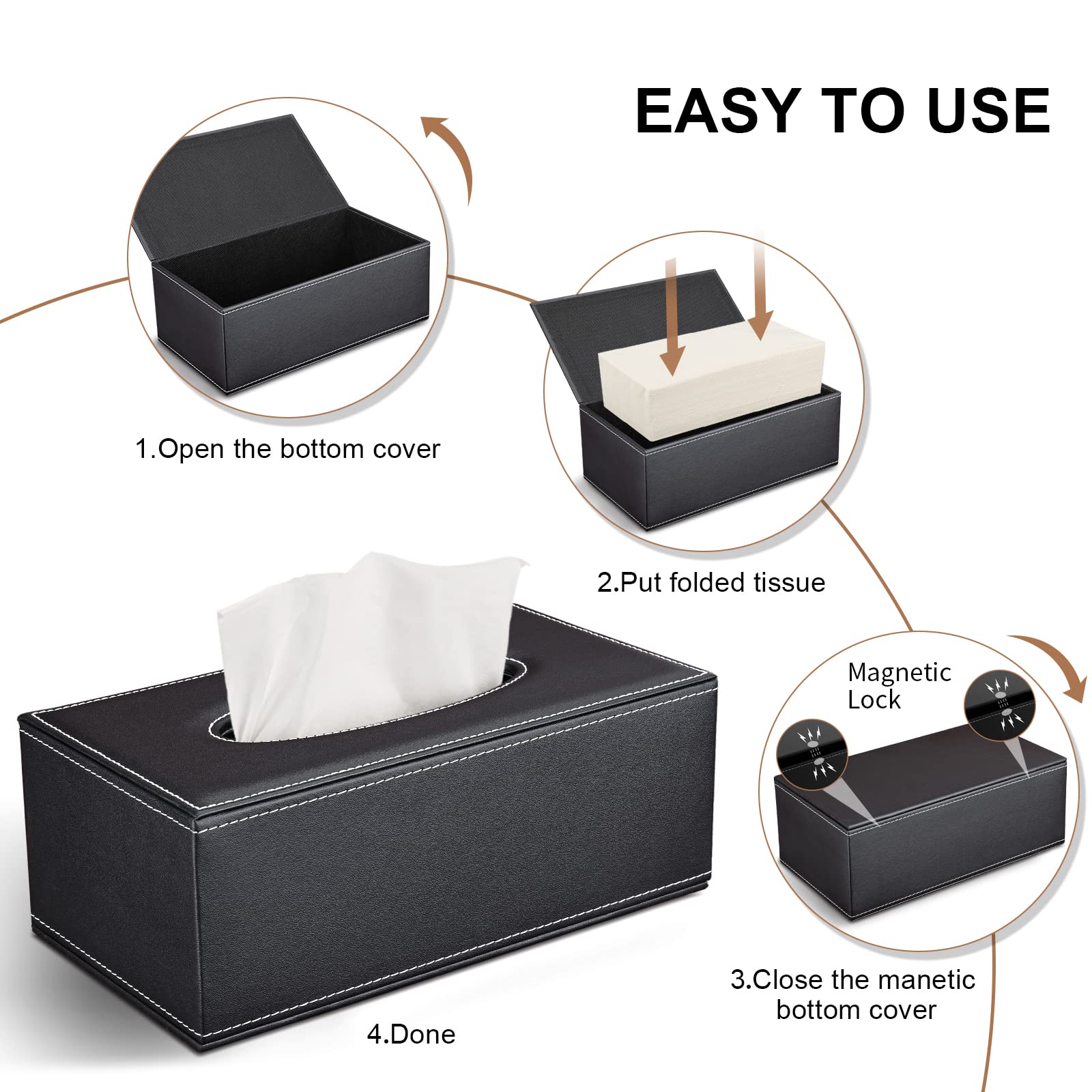GORESE PU Leather Tissue Box Cover - Rectangular Holder for Kleenex, 9.84"x5.23"x3.77", Black, Model A001
