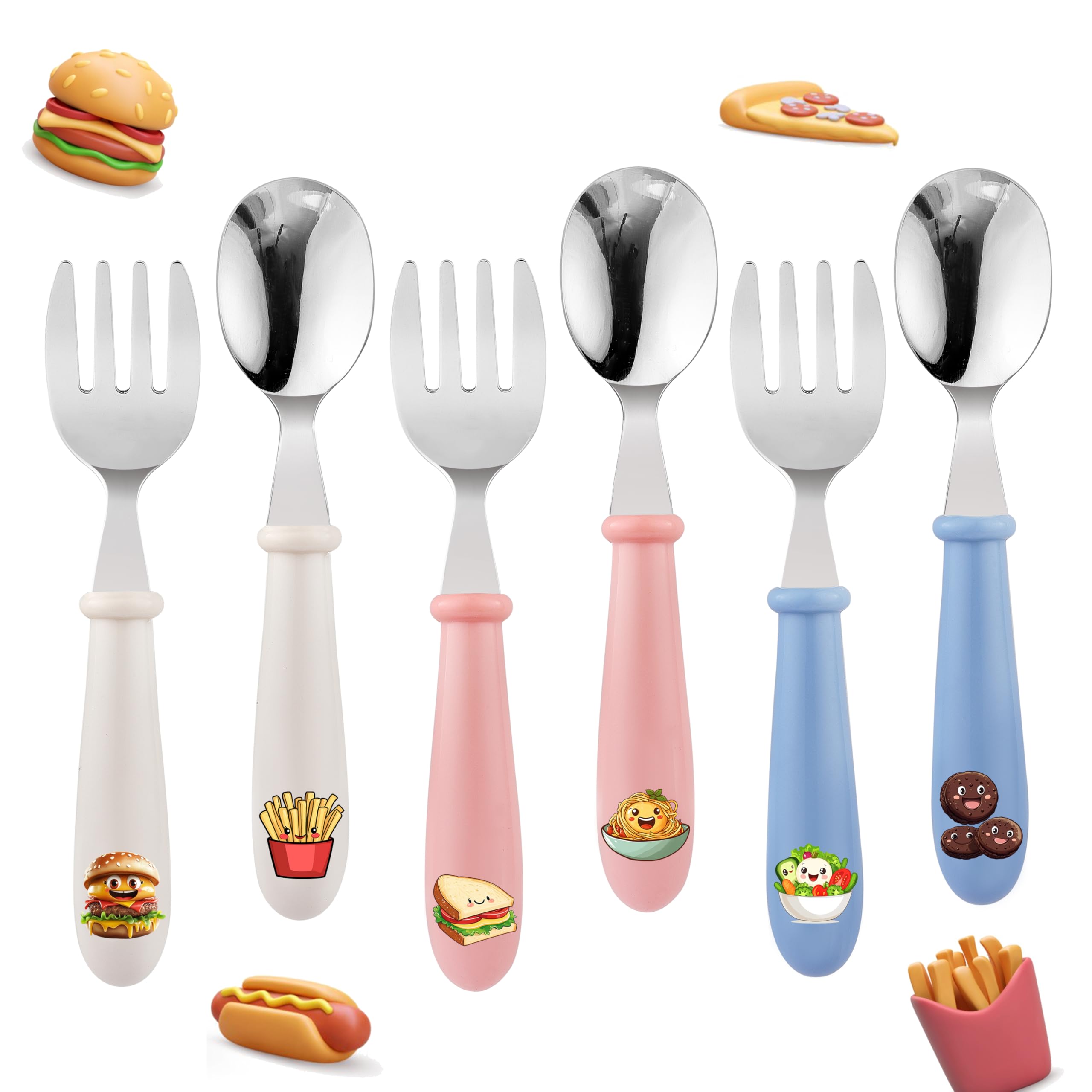 6PCS Toddler Kids Utensils Silverware, MONGSEW Stainless Steel Toddler Baby Forks and Spoons, BPA Free, Dishwasher Safe (Food-Th