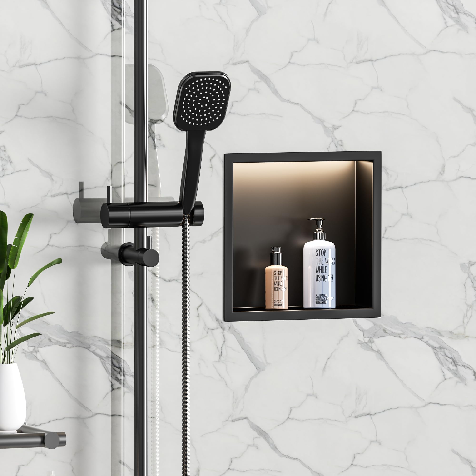 Neodrain Shower Niche, 12''X12'' Matte Black Wall Niche, Stainless Steel Niche With Non-Dimmable Led Light, No Tile Needed Reces