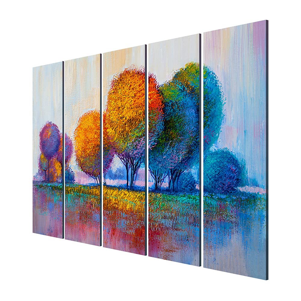 999Store 5 Panel Wall Painting Wall Frames For Living Room With Frame Wall Hanging Colorful Yellow Blue Trees Landscape (Mdf_Siz