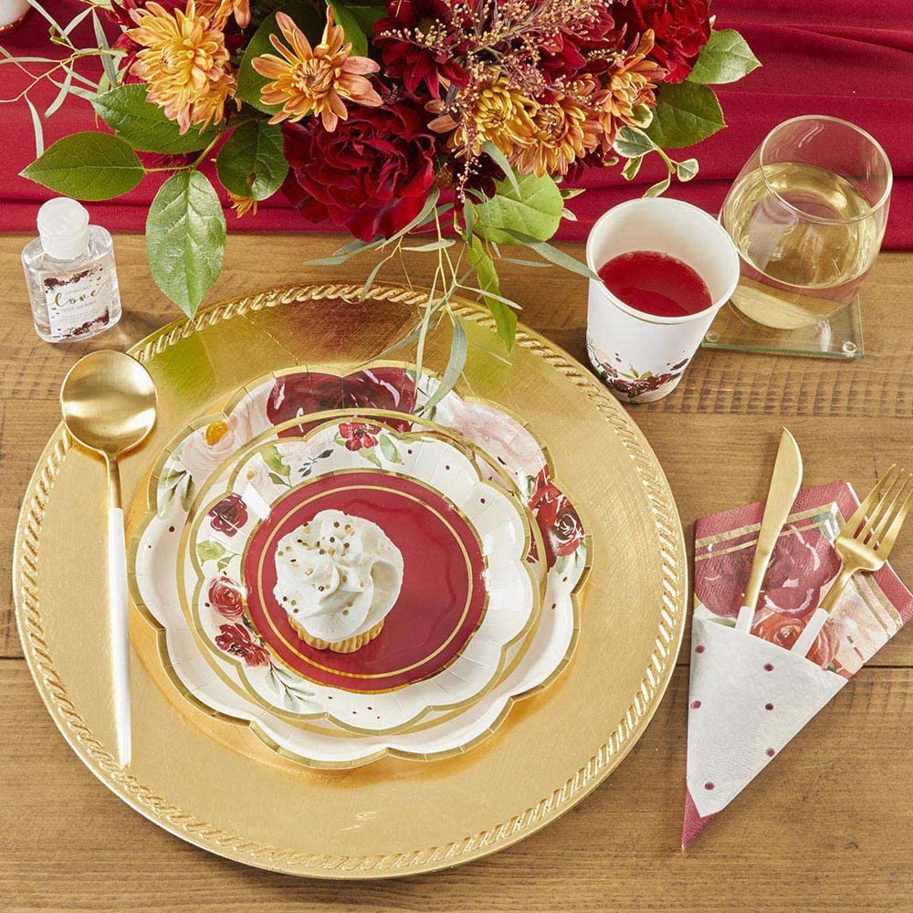 Kate Aspen 32 Pcs Burgundy Blush Floral Paper Plates, 7 Inch Heavy Duty Disposable Party Plates, Party Supplies Tableware For Bi