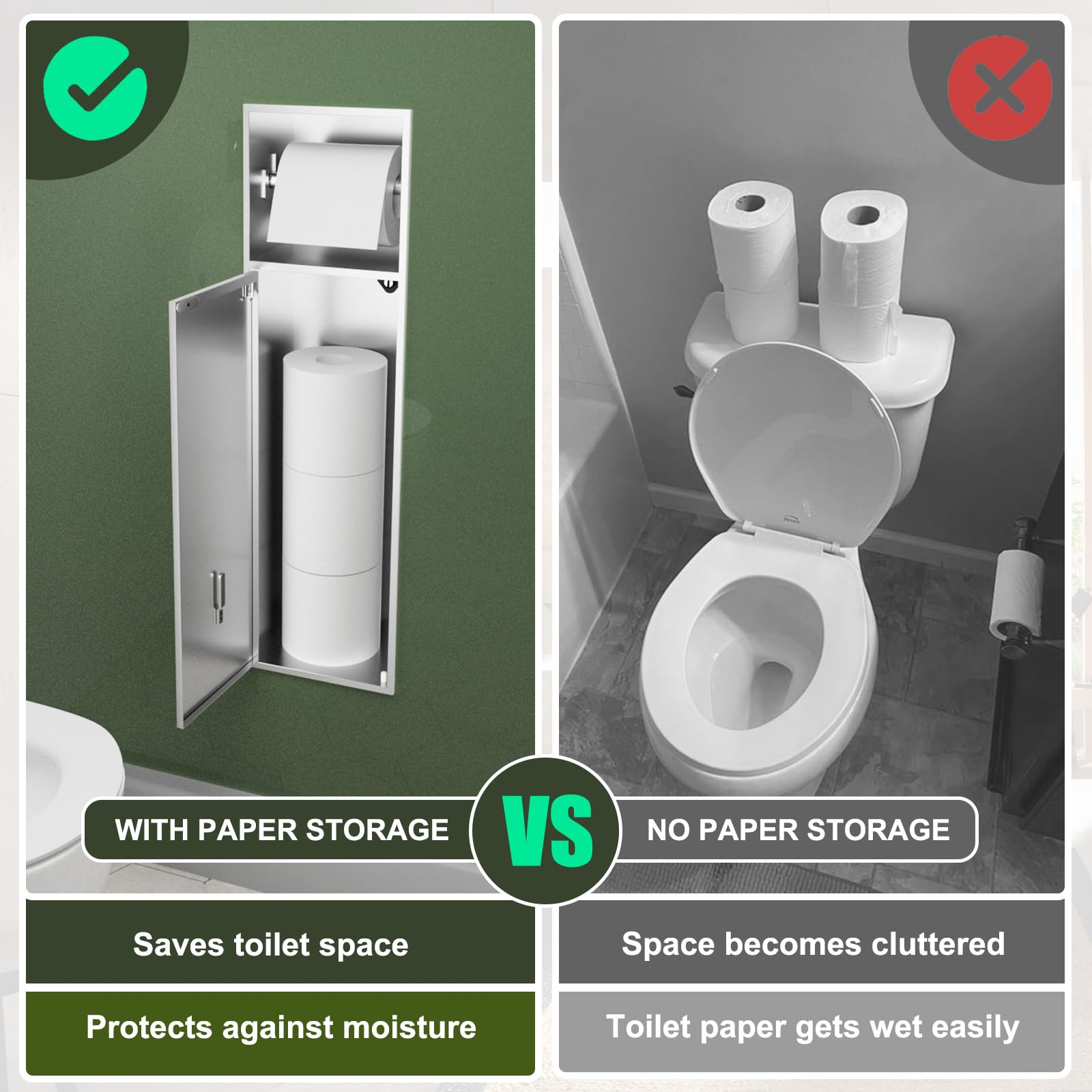 Baronage Recessed Toilet Paper Holder With Toilet Brush, 24 Inch Over-Mounted Wall Toilet Roll Holders, Stainless Steel Toilets
