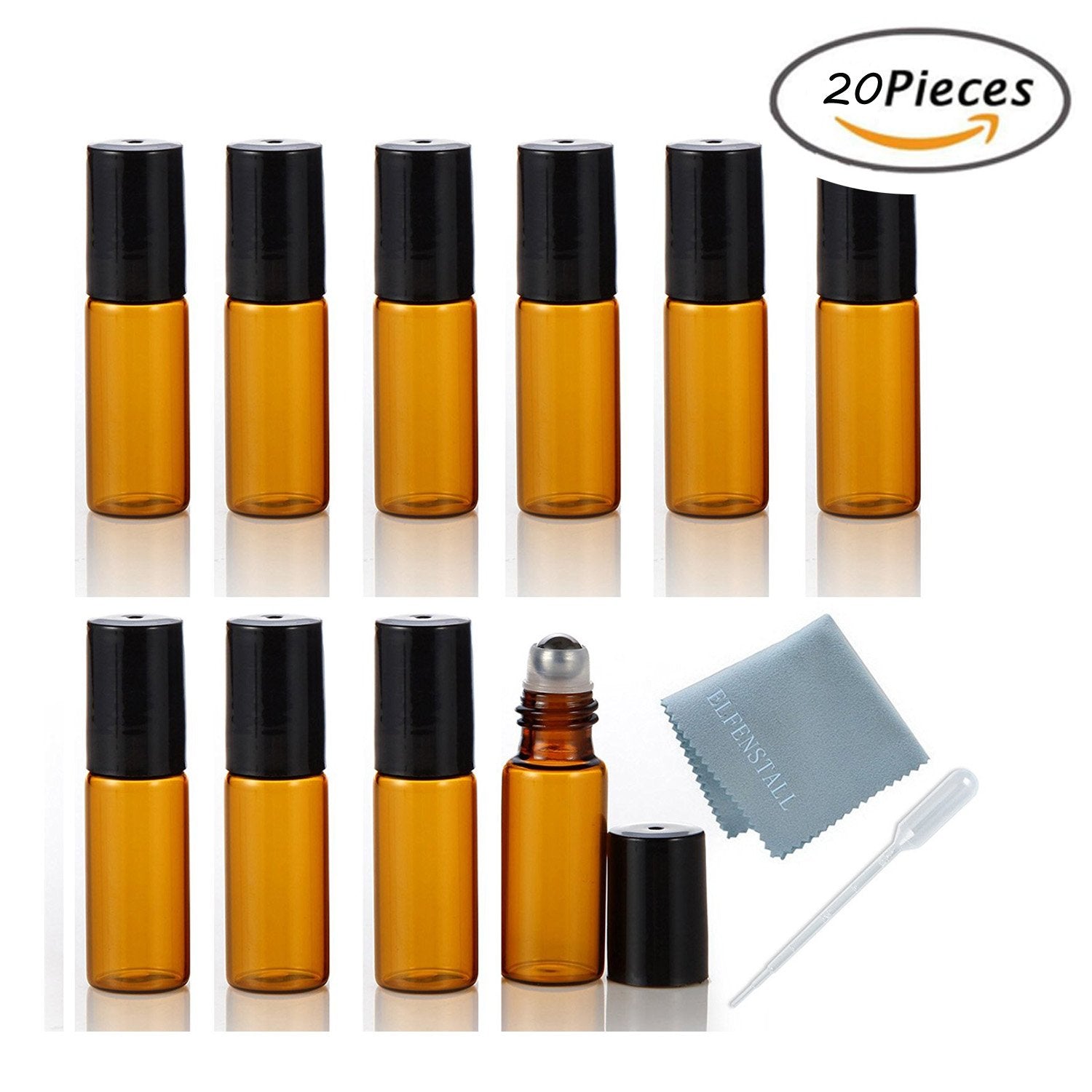 Elfenstall- 20Pcs 5Ml Amber Glass Roller Bottles Roll On Bottle Container With Metal Ball For Essential Oil Aromatherapy Perfume