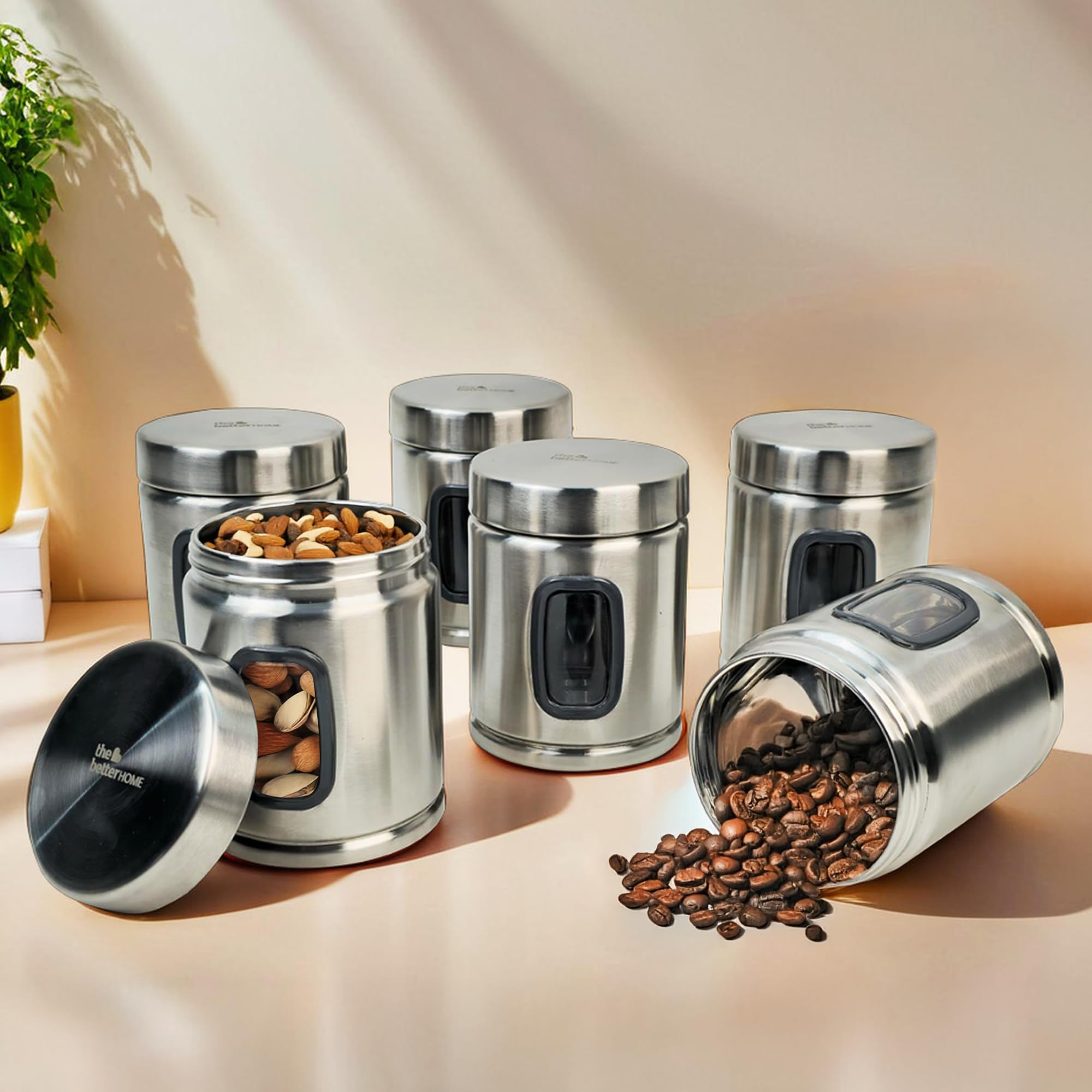 The Better Home 1L SeeThrough Stainless Steel Jars For Kitchen Storage | Airtight Multipurpose Containers | Pack Of 6, Silver |