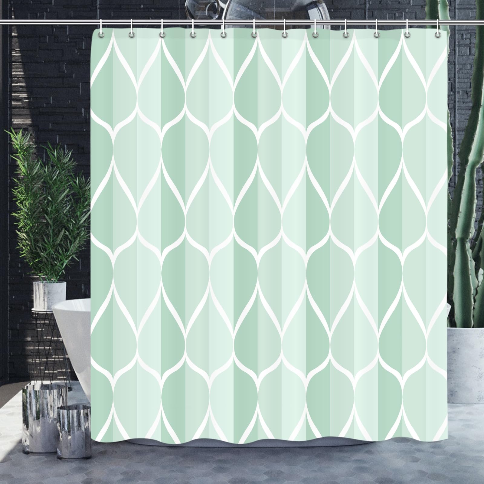 Gelbchu Light Green Geometric Shower Curtain  Waterproof Design and Polyester  Quick-Drying  Weighted Hem  Green Fabric Shower Curtains Set for Bathroom W 72 x H 72  Durable and Washable with 12 Hooks