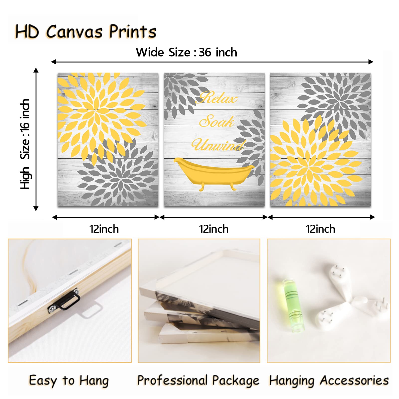 Ryounoart 3 Pieces Yellow Gray Bathroom Wall Art Prints Dahlia Flowers Relax Soak Unwind Signs On Rustic Wood Background Canvas