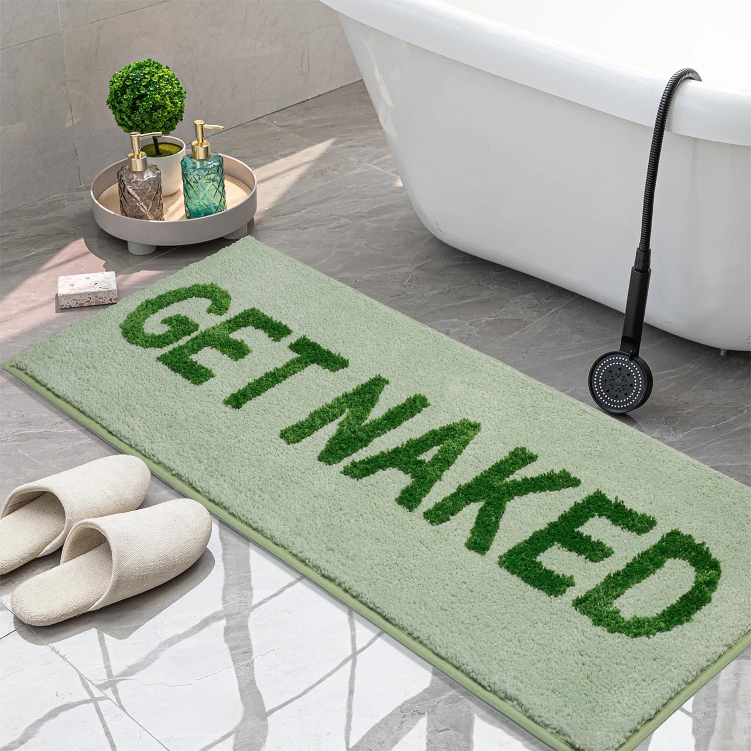 Long Bathroom Rugs Runner 47''X18'' Get Naked Bath Mat Soft Absorbent Microfiber Sage Green Bath Rugs For Christmas Non-Slip Sha