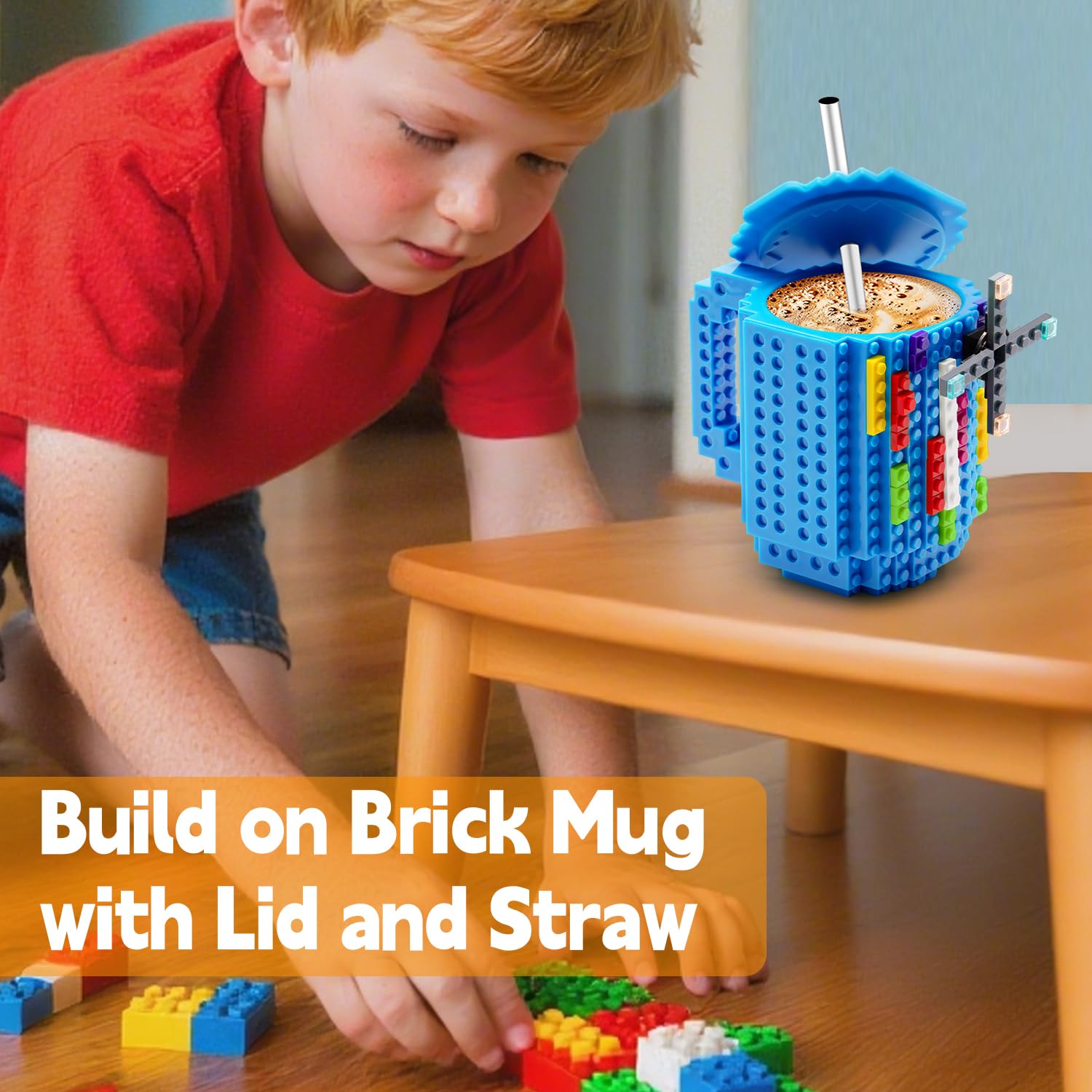 FUBARBAR Brick Coffee Mug - Funny Novelty Cup with Lid & Straw, Building Block Toy Mug, Gift Idea for Men/Women/Kids (Blue)