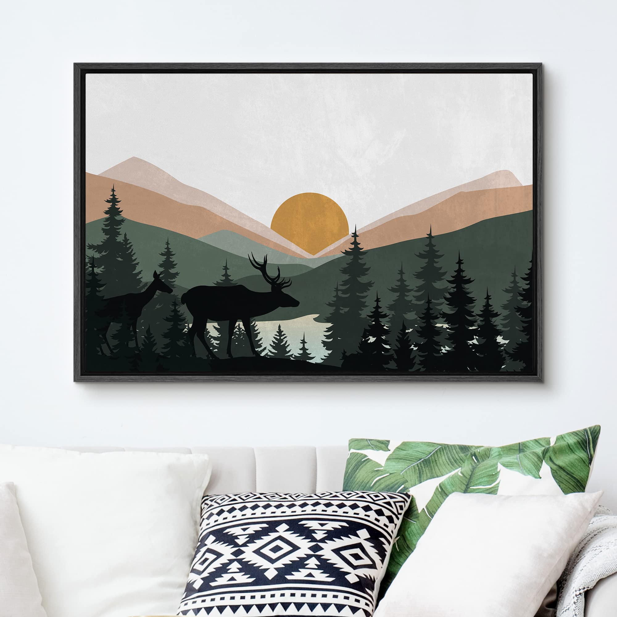 Signford Framed Canvas Print Wall Art Woodland Nursery Decor Sunlight Mountain Pine Forest Lake Nature Wilderness Modern Art Dec