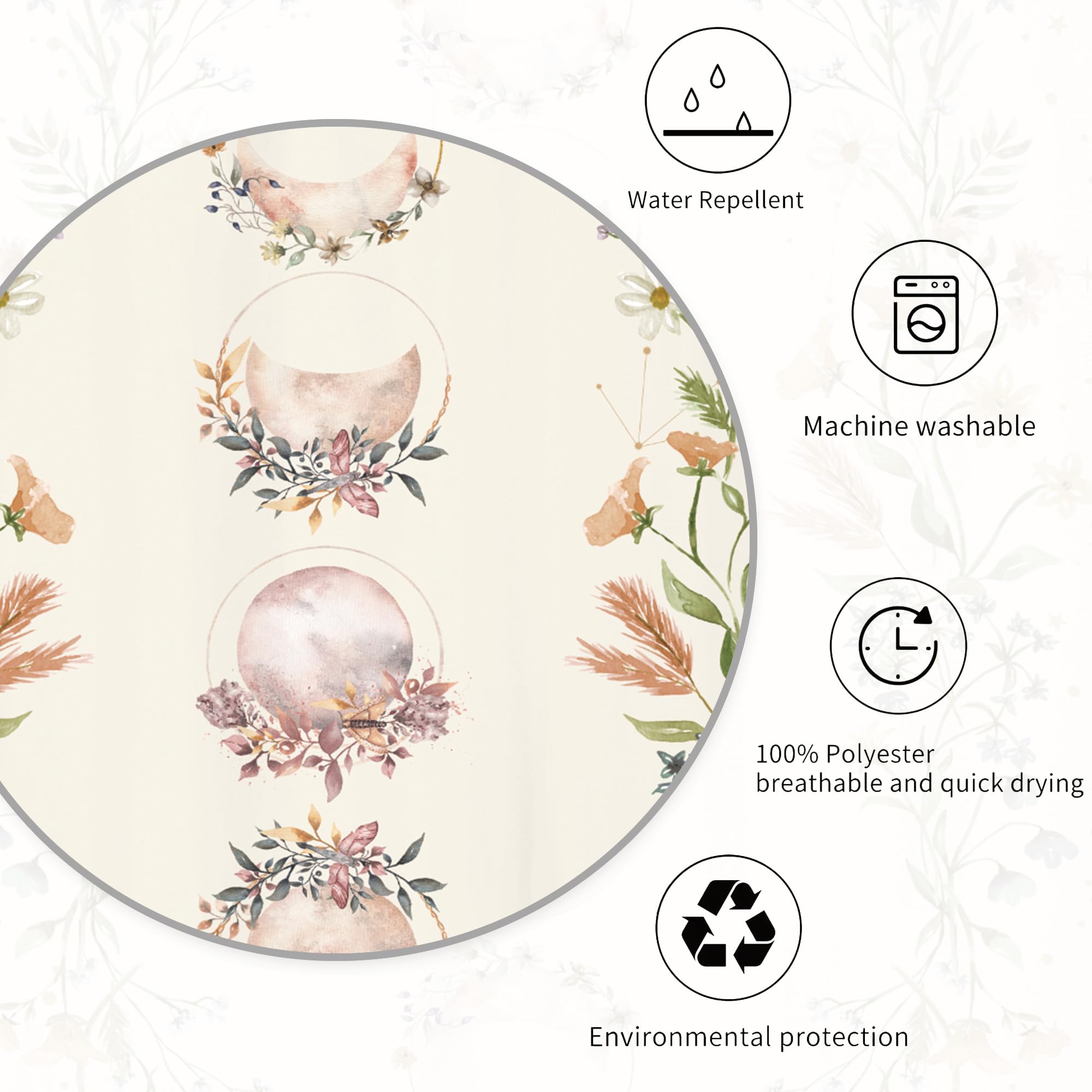 Miyotaa Moon Phase Shower Curtain Set 60Wx71H Inches Moonlit Herb Wildflower Witchy Celestial Flower Floral Botanical Tarot Bath