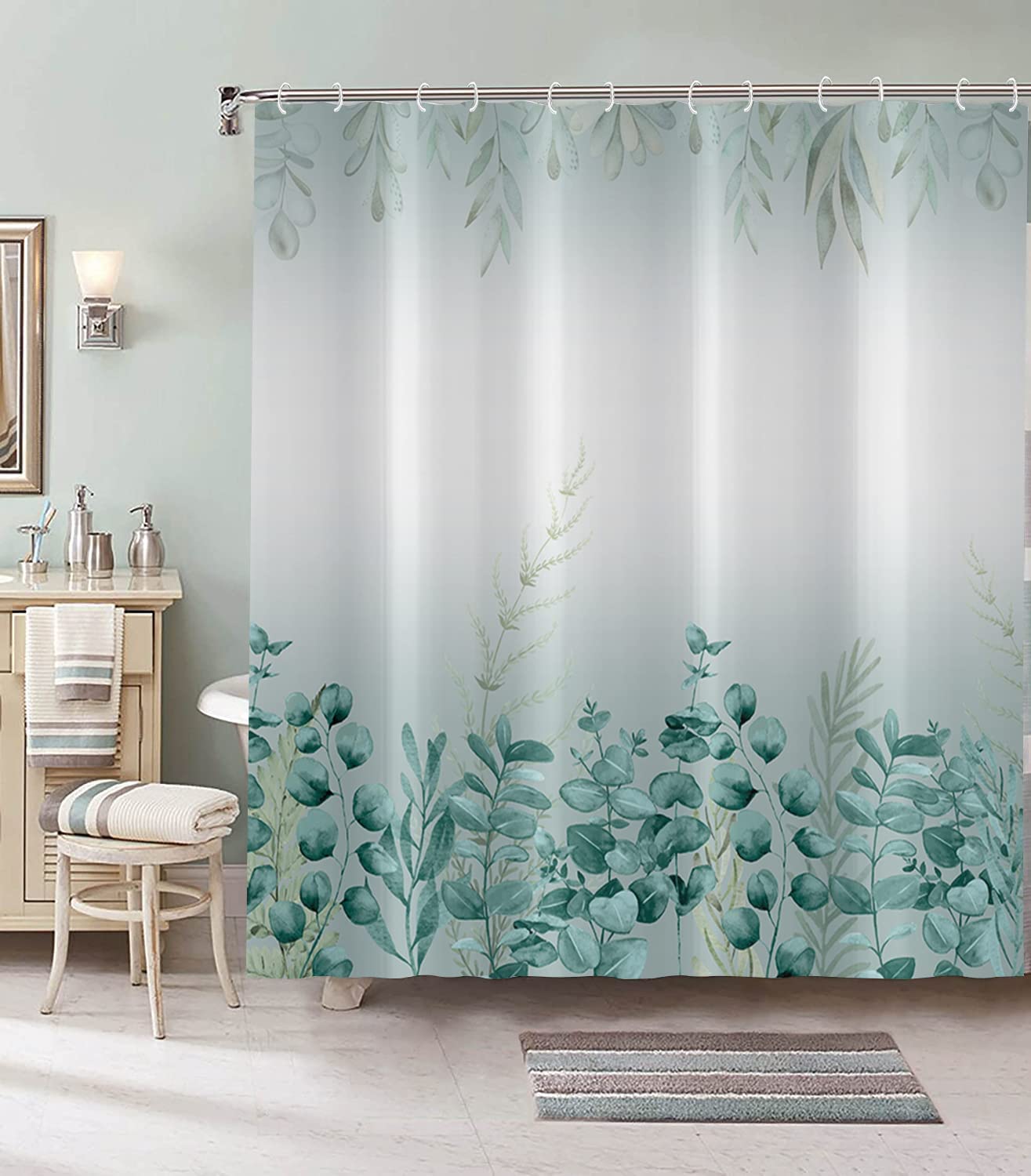 Gcirec Spring Eucalyptus Shower Curtain, Sage Green Botanical Tropical Leaves Plants Bathroom Curtain For Bathtub Decor Waterpro