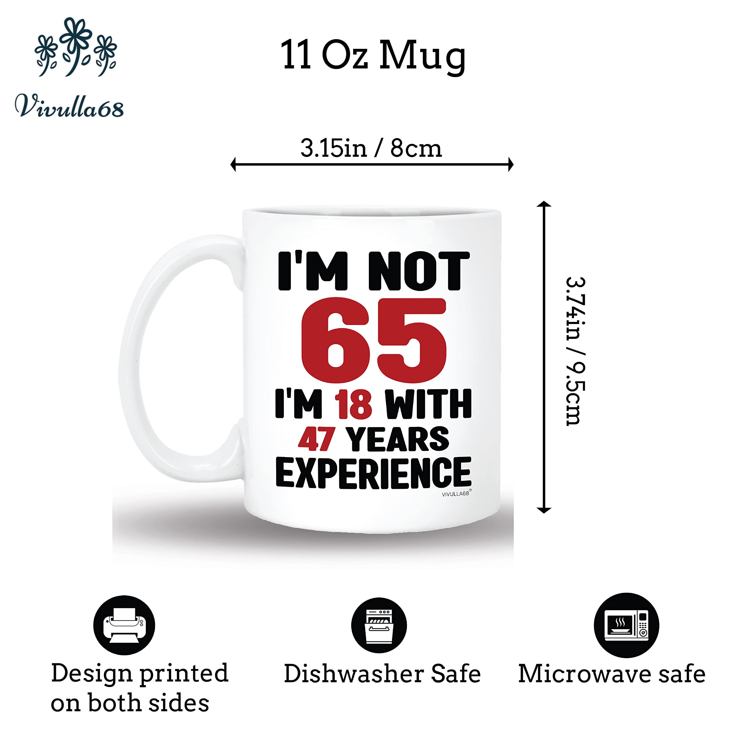 Vivulla68 65th Birthday Mug 11oz - 65th Birthday Gifts for Women Men - 65 Year Old Birthday Gifts Ideas for Him, Her, Woman, Man
