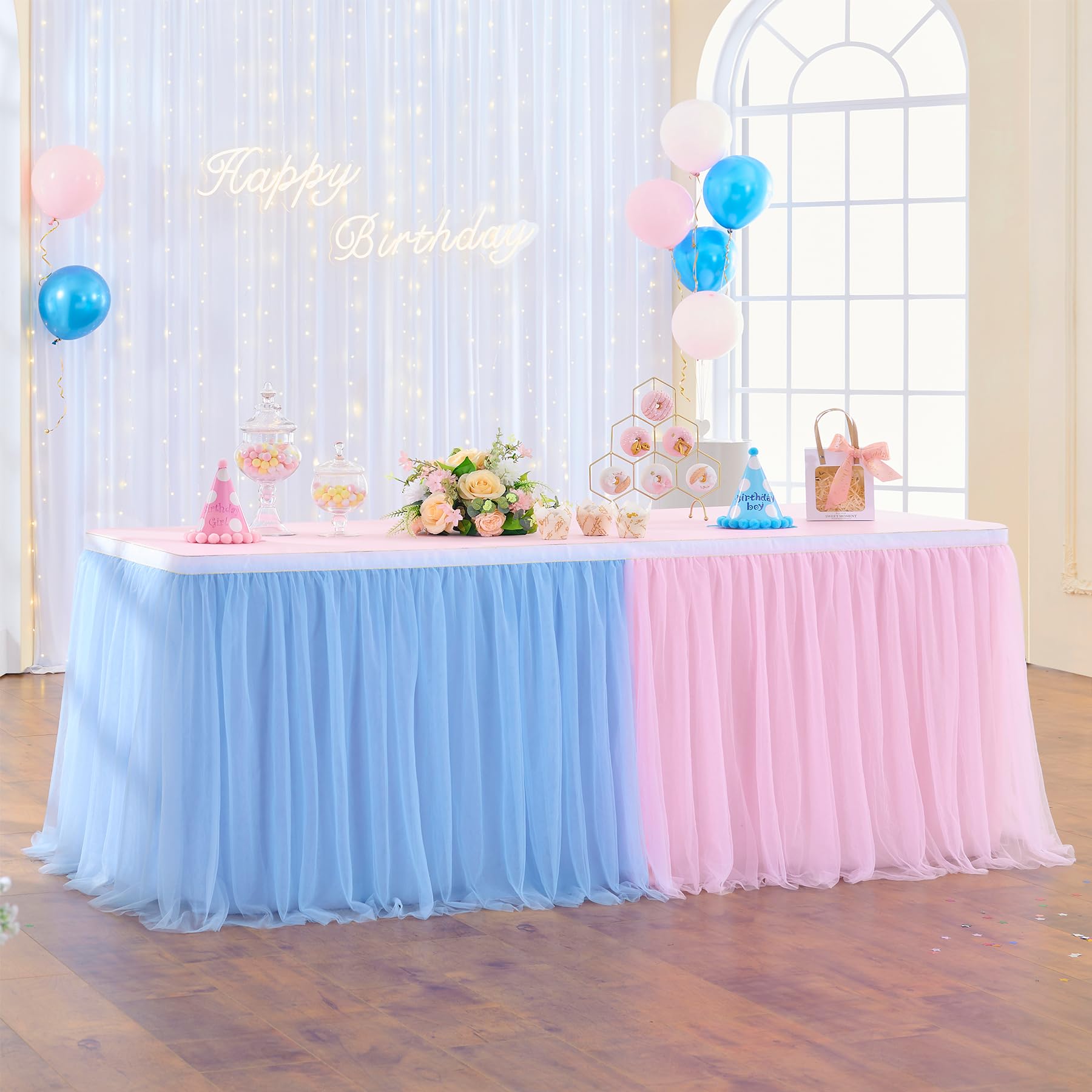 108in Blue Pink Tulle Table Skirts for Rectangle Tables 6/8/4ft, 2-Layer Gold Grim Ruffle Gender Reveal Tulle Tutu Cloth Table S