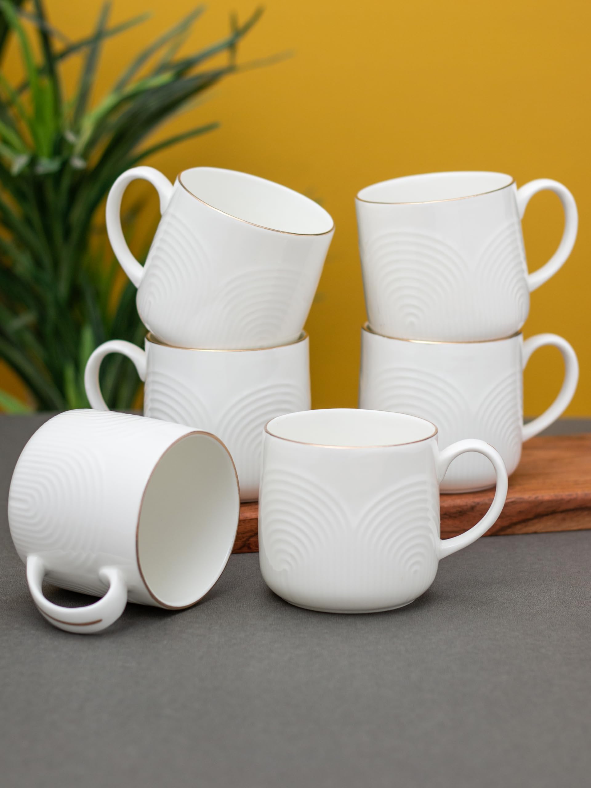Clay Craft Palm Impression Ceramic Gold Line Coffee Mugs/Tea Cups Set Of 6 Pieces, 200Ml, White (Palm), Tea Cup Set Of 6, Mugs F