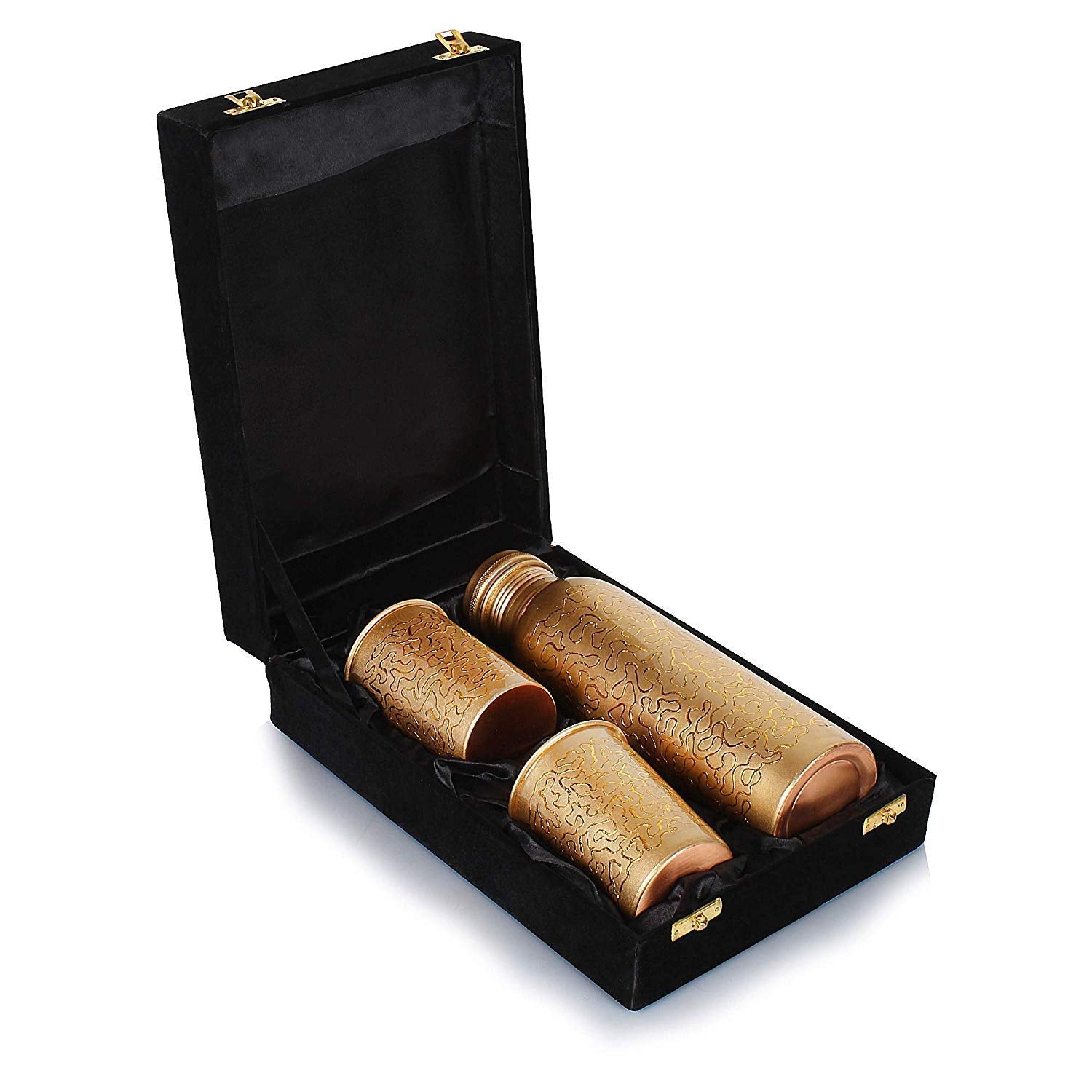 R Ayurveda Copper Copper Water Bottle, 1000Ml, Set Of 1, Gold Meena Work From Artisans (Bottle With 2 Glass) In Velvet Gift Box