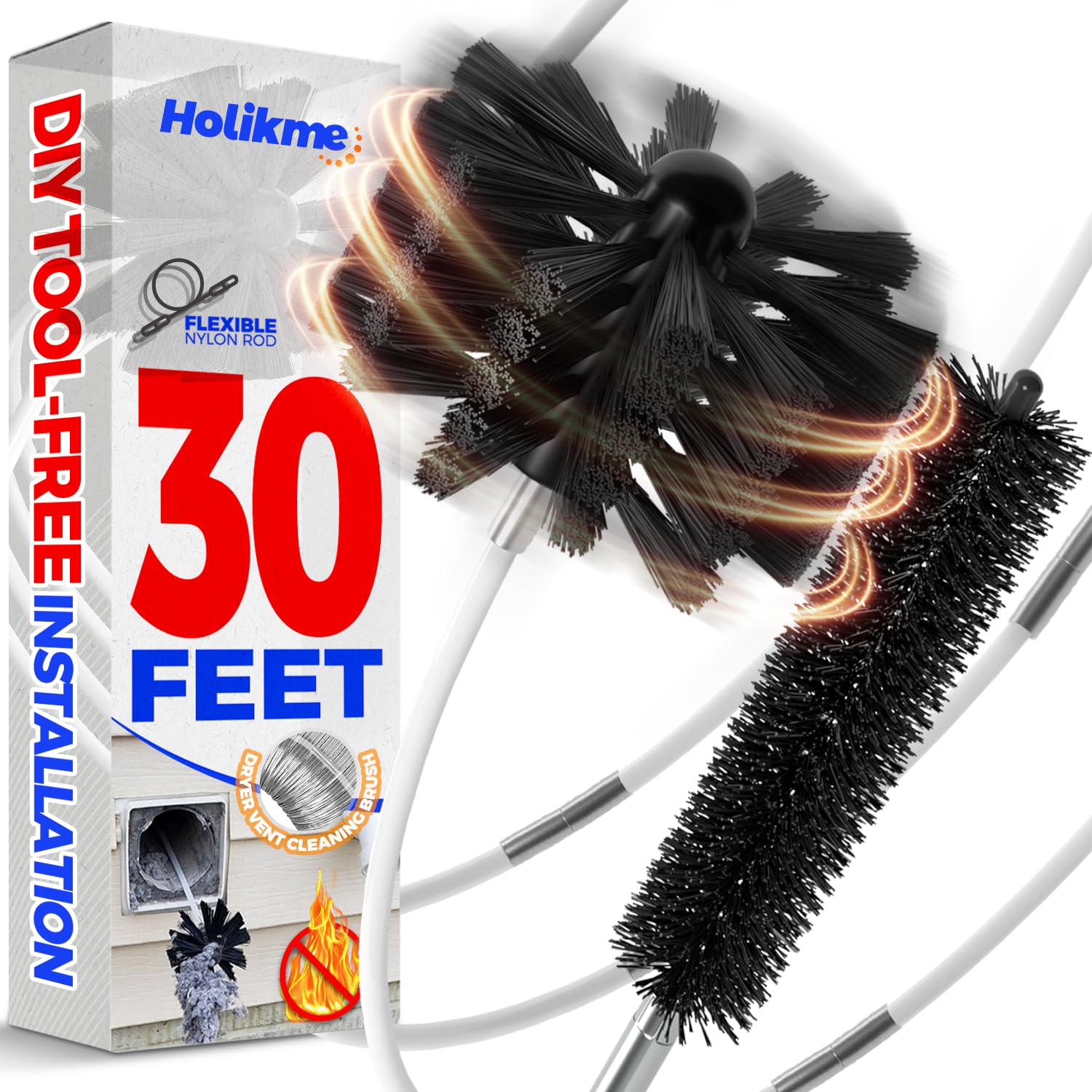 Holikme 30 Feet Dryer Vent Cleaner Kit Flexible Lint Brush with Drill Attachment  Extends Up to 30 Feet for Easy Cleaning  Synthetic Brush Head  Use with or Without a Power Drill