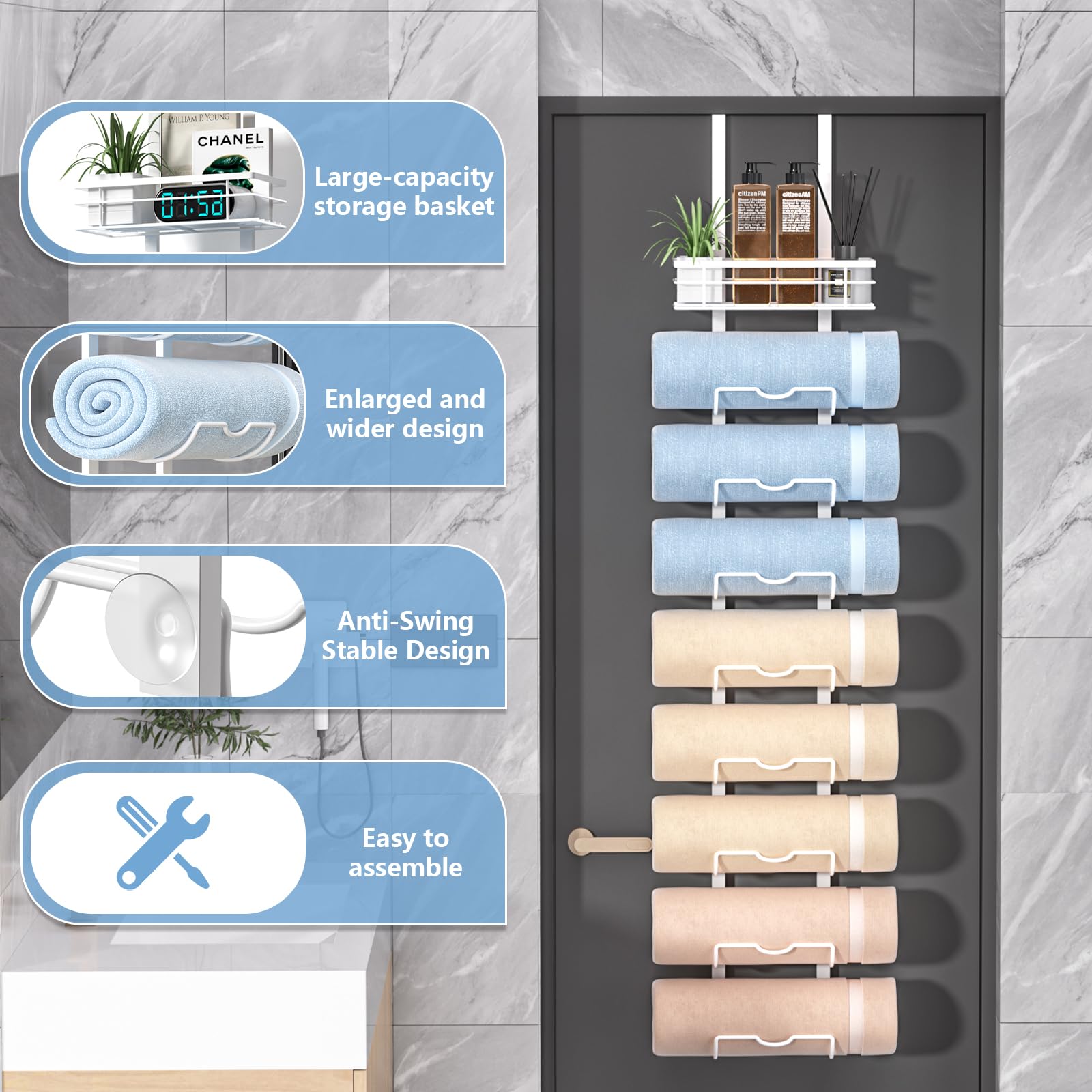 Xstydes 9-Tier Over The Door Towel Rack,Towel Racks For Bathroom, Metal Towel Holder With Storage Basket,Towel Rack For Rolled T