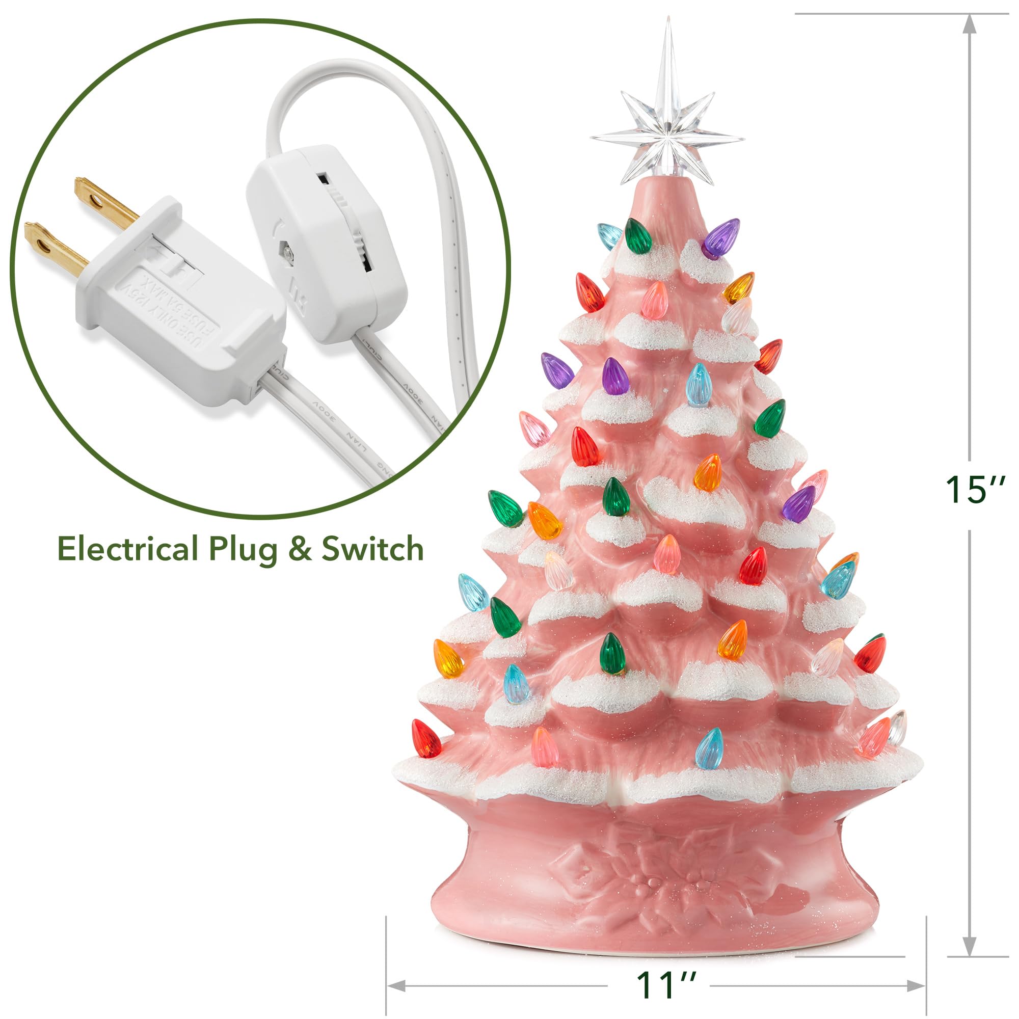 Casafield Hand Painted Ceramic Christmas Tree, Pink Snow Flocked 15-Inch Pre-Lit Tree with 128 Multi Color Lights and 2 Star Top