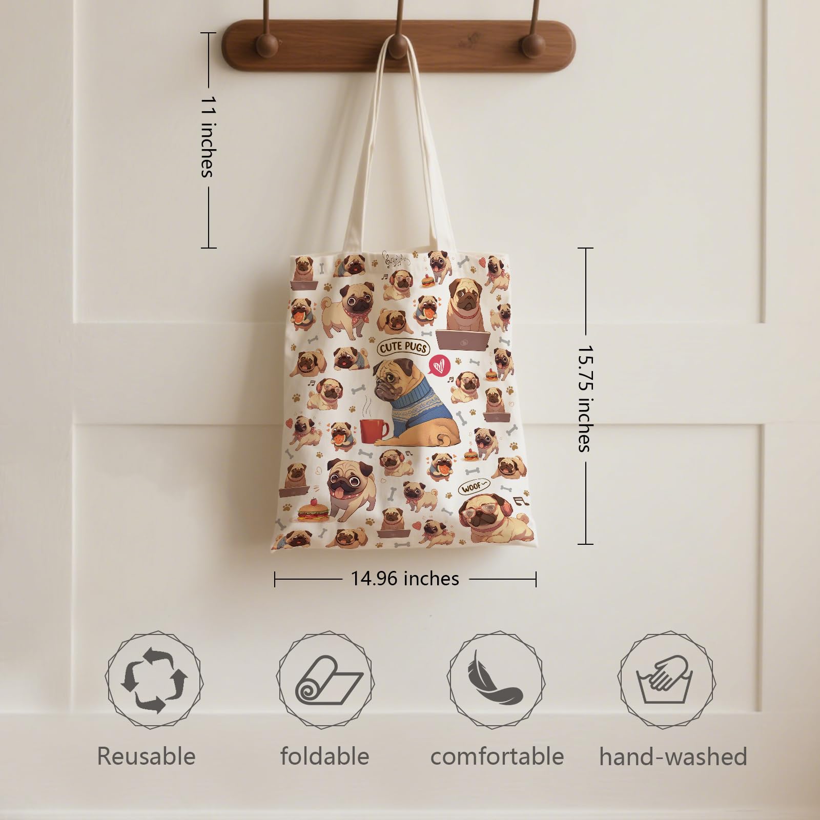 Minimalist Pug Tote Bag for Dog Lovers - Aesthetic Canvas Shoulder Bag with Cute Pug Print | Magnetic Snap Closure & Inner Zippe