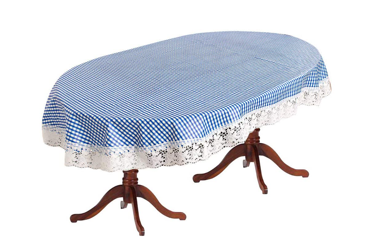 Crafting Bear Waterproof 4 Seater Oval Table Cover for Dining Table 54x78 Inches Check Print Blue Color