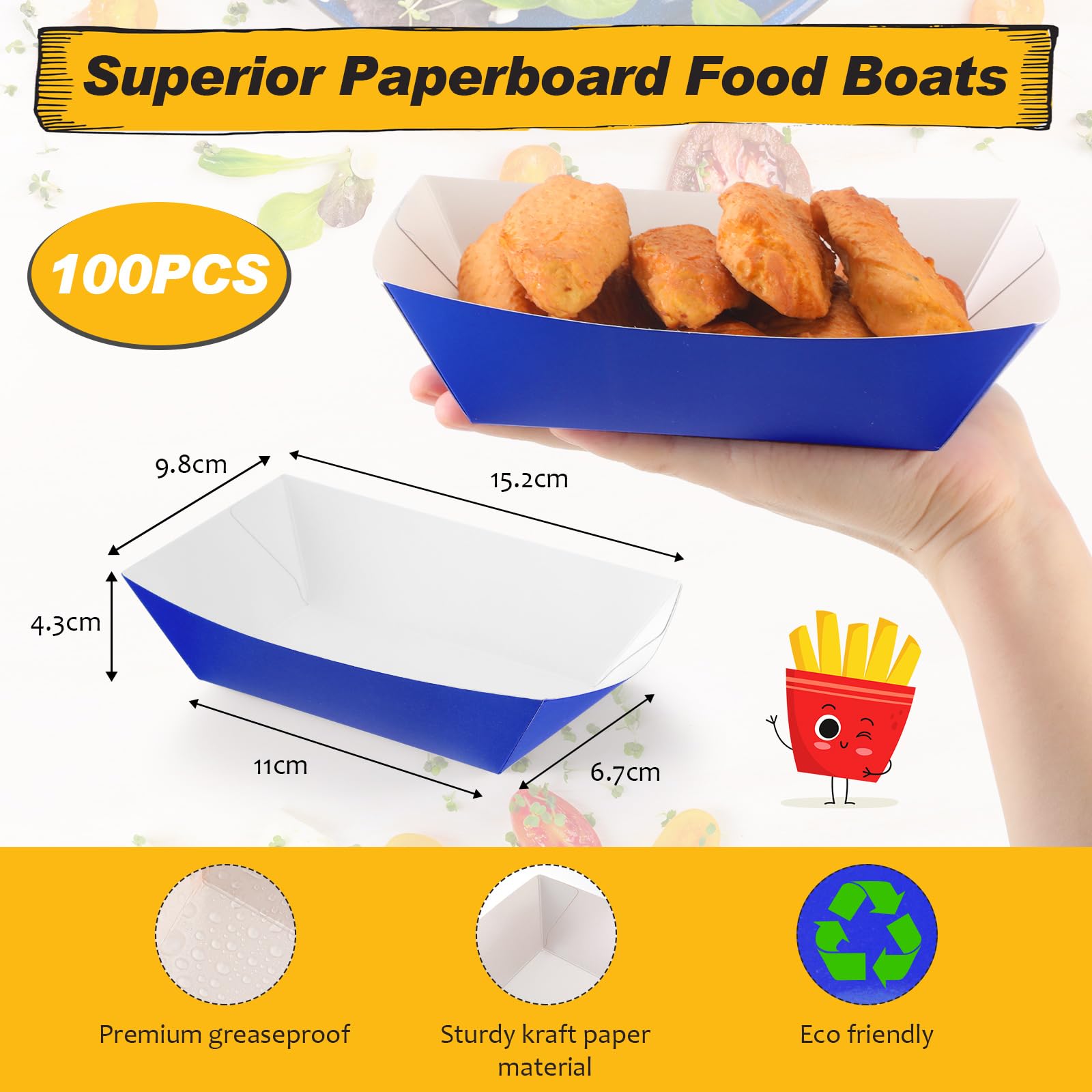 Yinkin 100 Pcs 2Lb Paper Food Trays Boat 2Lb Disposable Nacho Trays Kraft Paper Boat For Tacos Concession Halloween Christmas Pa