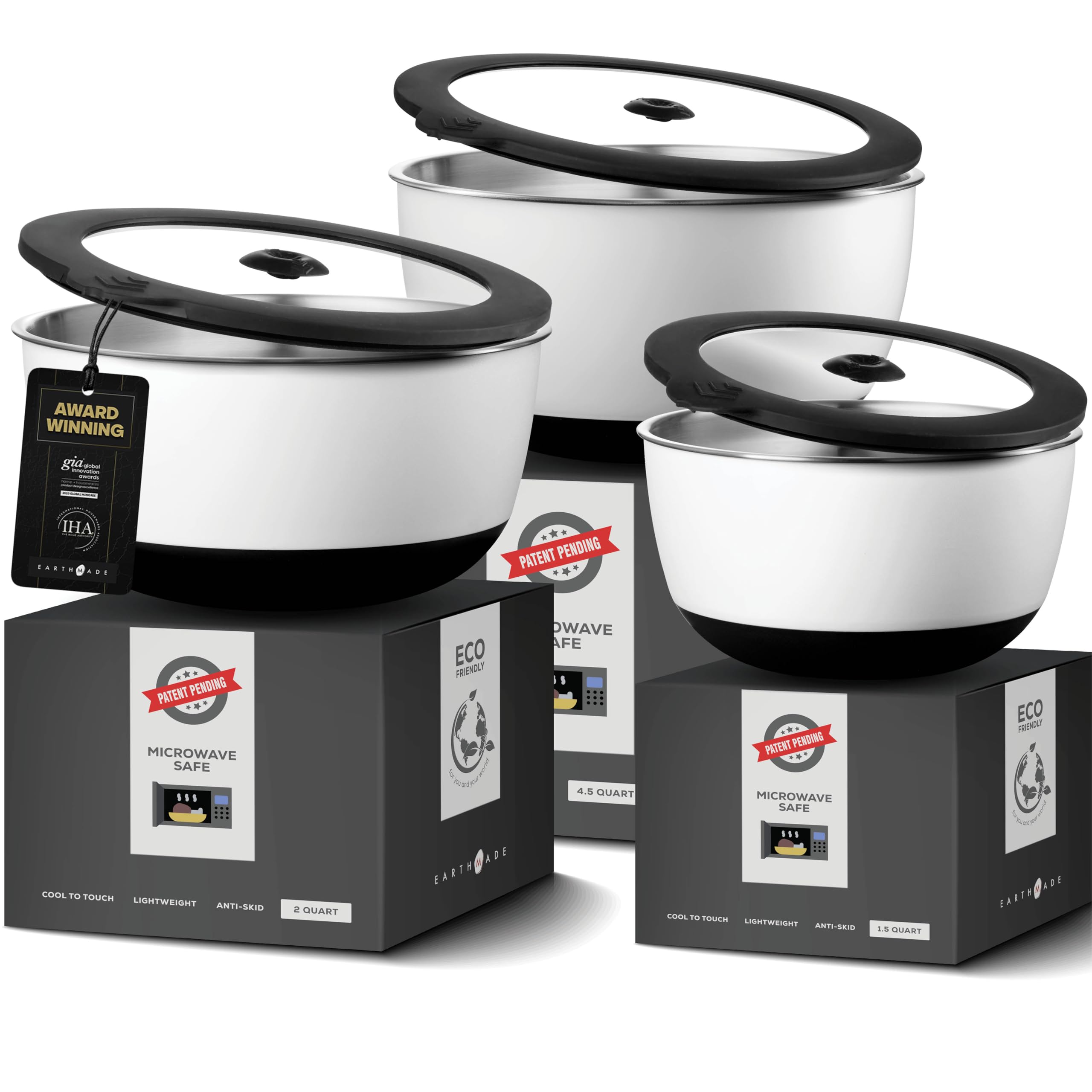 Earthmade Evolution Microwave Stainless Steel Mixing Bowl With Lid Set, 1.5Qt. 2Qt. 4.5Qt. Tempered Glass Lids- Glass Mixing Bow