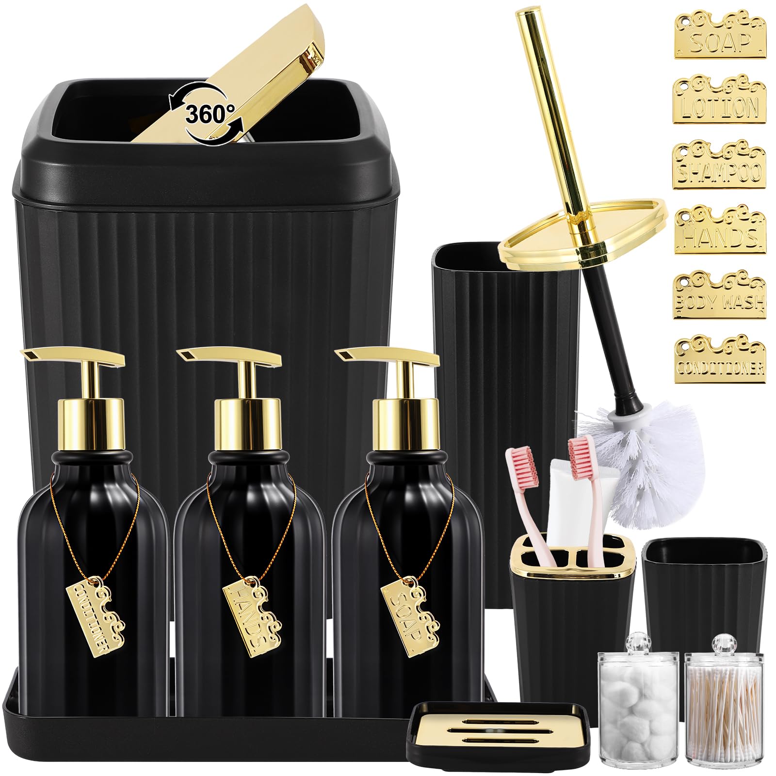 WSBArt 17PCS Bathroom Accessories Bathroom Set Black Bathroom Accessories,Toilet Brush, Trash Can, Qtip Holder Dispenser& 3PCS S