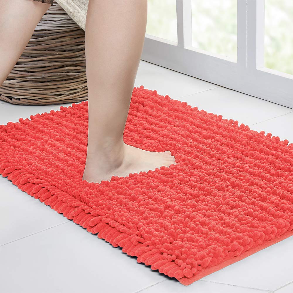 Walensee Bathroom Rug Non Slip Bath Mat (24X17 Inch Coral) Water Absorbent Super Soft Shaggy Chenille Machine Washable Dry Extra