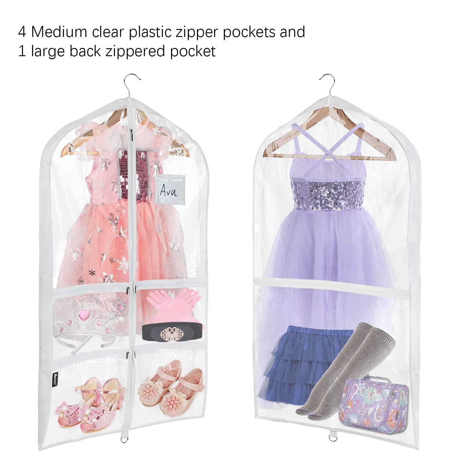 Univivi Clear Pvc Dance Costume Bags (6 Pack) Garment Bag 40 Inch For Dance Competitions, With 4 Medium Clear Zipper Pockets And