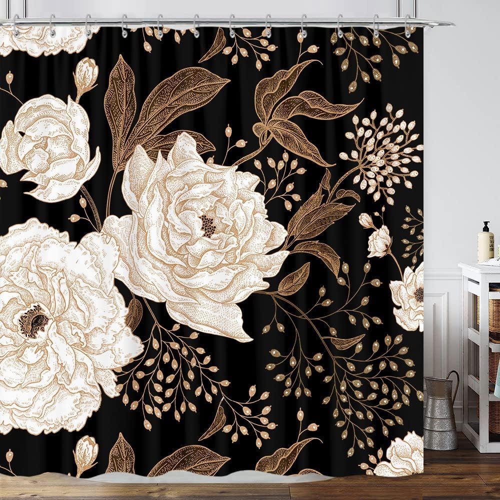 Black And Gold Shower Curtain, Dark Roses Leaves Botanical Aesthetic Boho Floral Shower Curtain For Bathroom With Hook, Vintage
