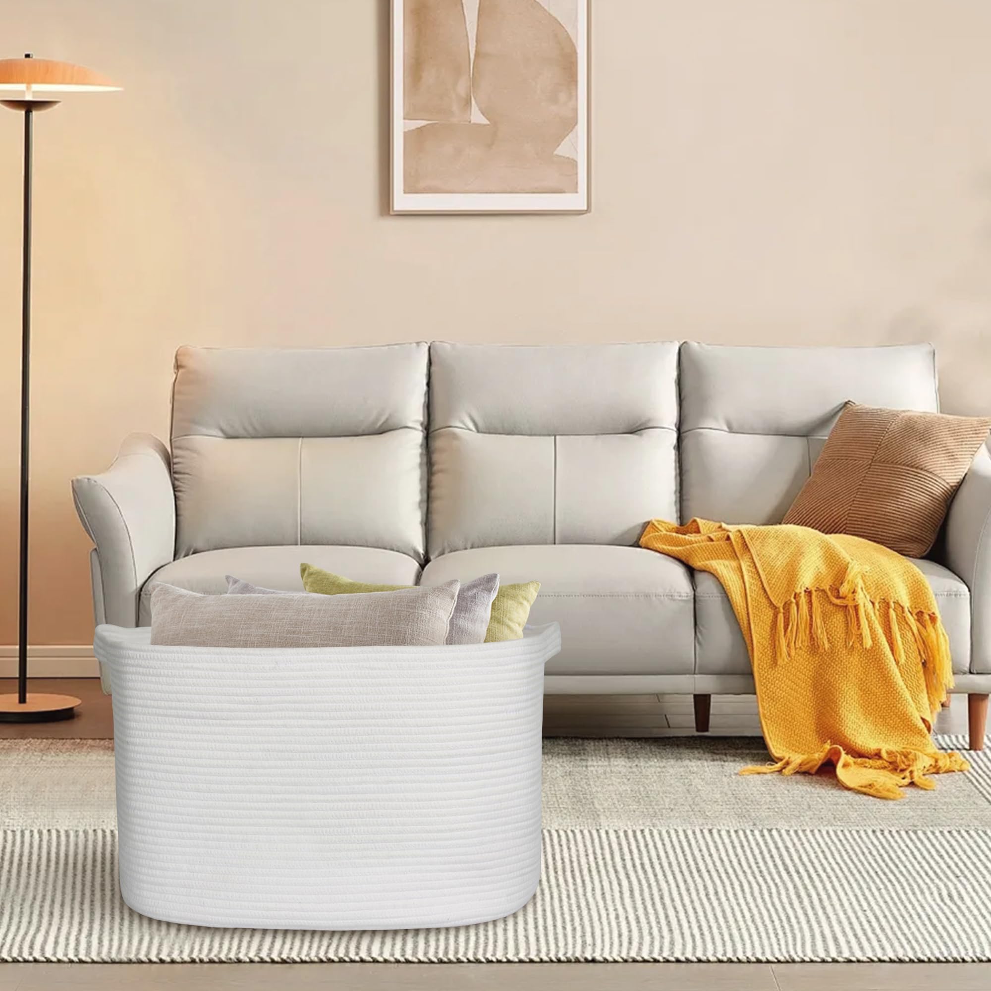 Megasket Extra Large White Storage Basket, 23.6'' X 17'' X 12'' Rectangle Blanket Basket Living Room, Woven Cotton Rope Basket,