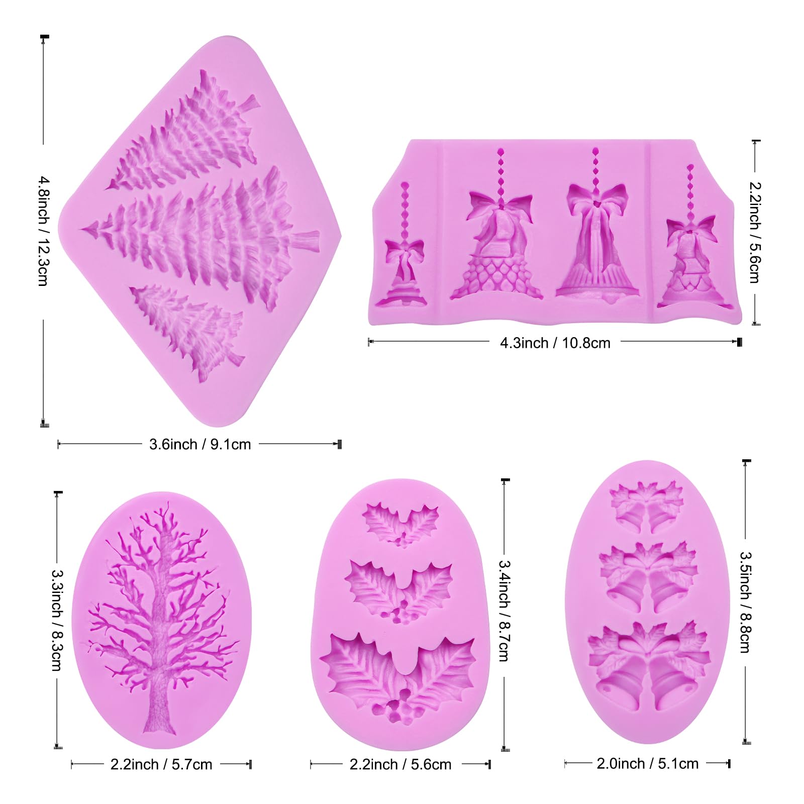 Pine Tree Silicone Mold, Christmas Bells Fondant Molds, Holly Leaves Chocolate Baking Mold For Christmas Theme Cake Decoration C