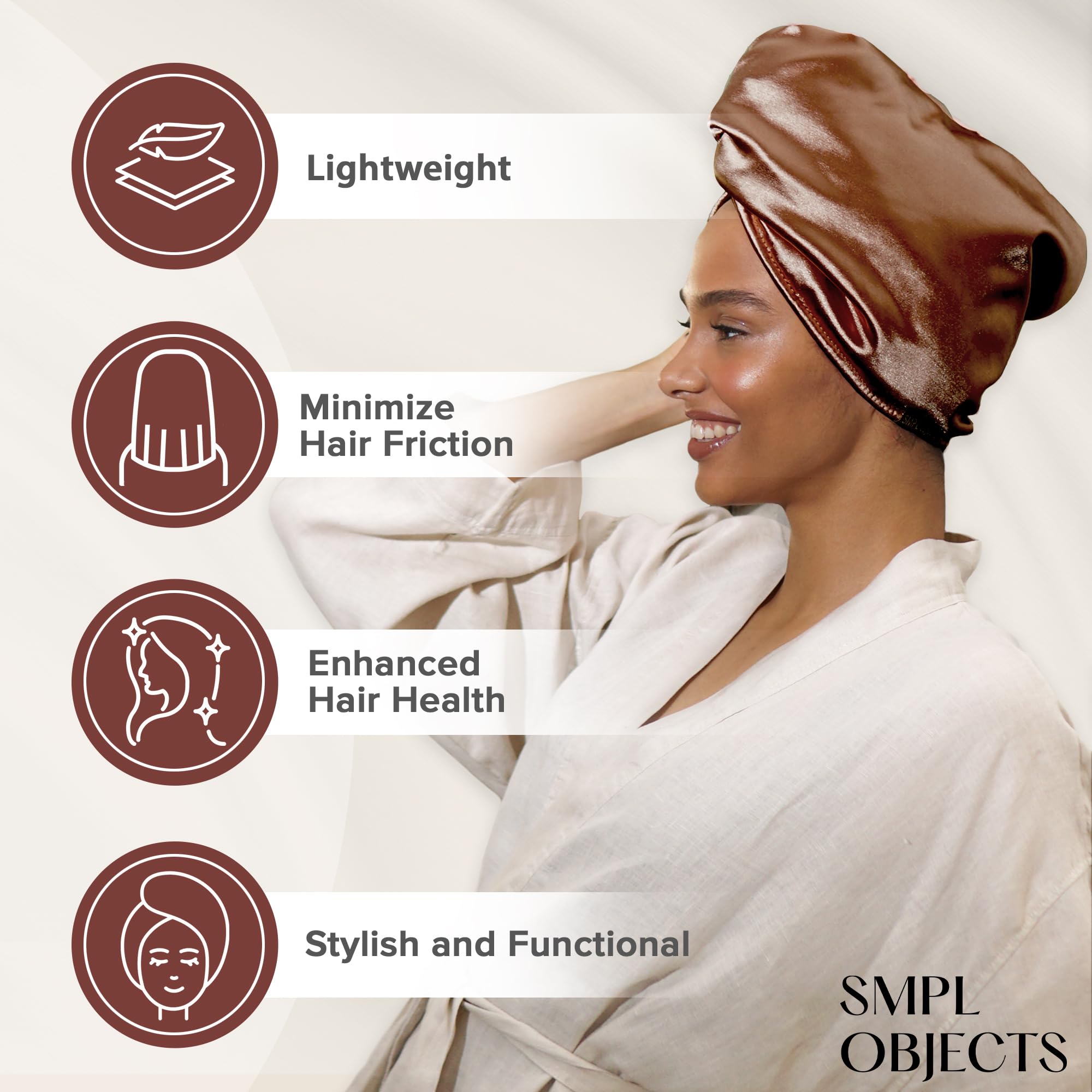 SMPL objects Satin and Bamboo Hair Towel Wrap for Women, Satin Hair Plopping Towel Curly Hair - Satin Hair Towel for Wet Hair (P