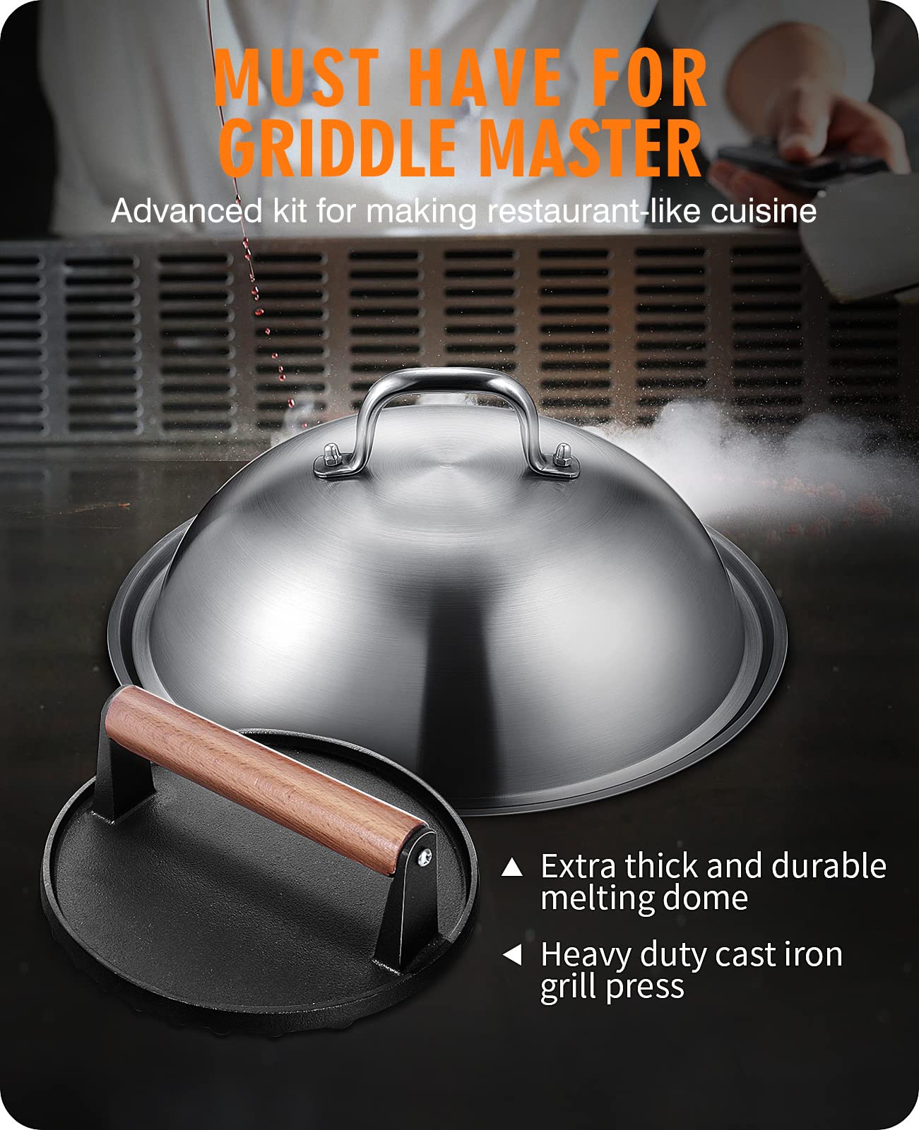 HOMENOTE Griddle Accessories for Blackstone  Commercial Grade 12 Inch Heavy Duty Melting Dome with Round Cast Iron Smash Burger Press Perfect for Flat Top Hibachi Grill Indoor Outdoor