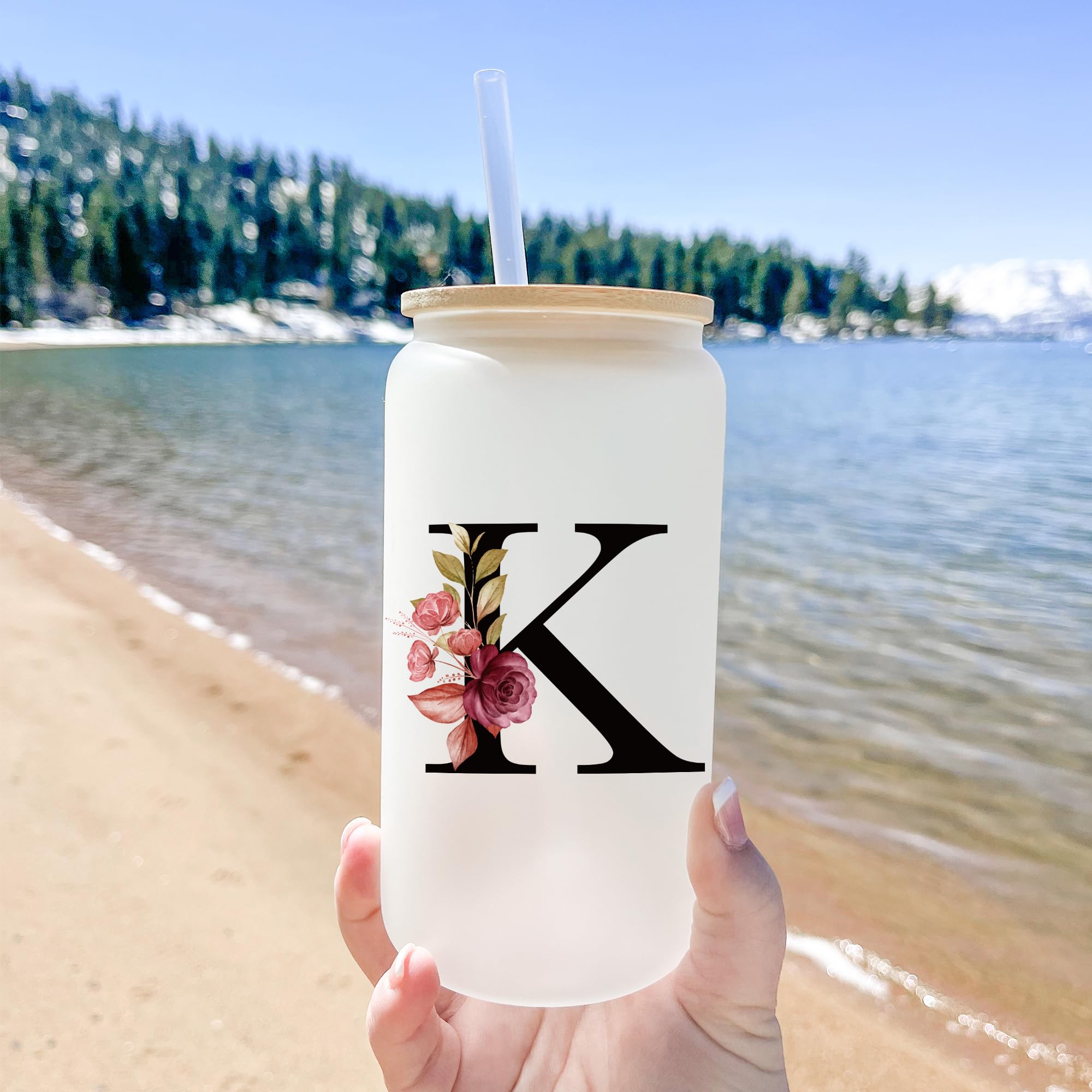 Personalized Gifts For Women, Monogrammed Frosted Glass Tumbler With Straw And Lid, Cute Customized Mug, Custom Initial Iced Cof
