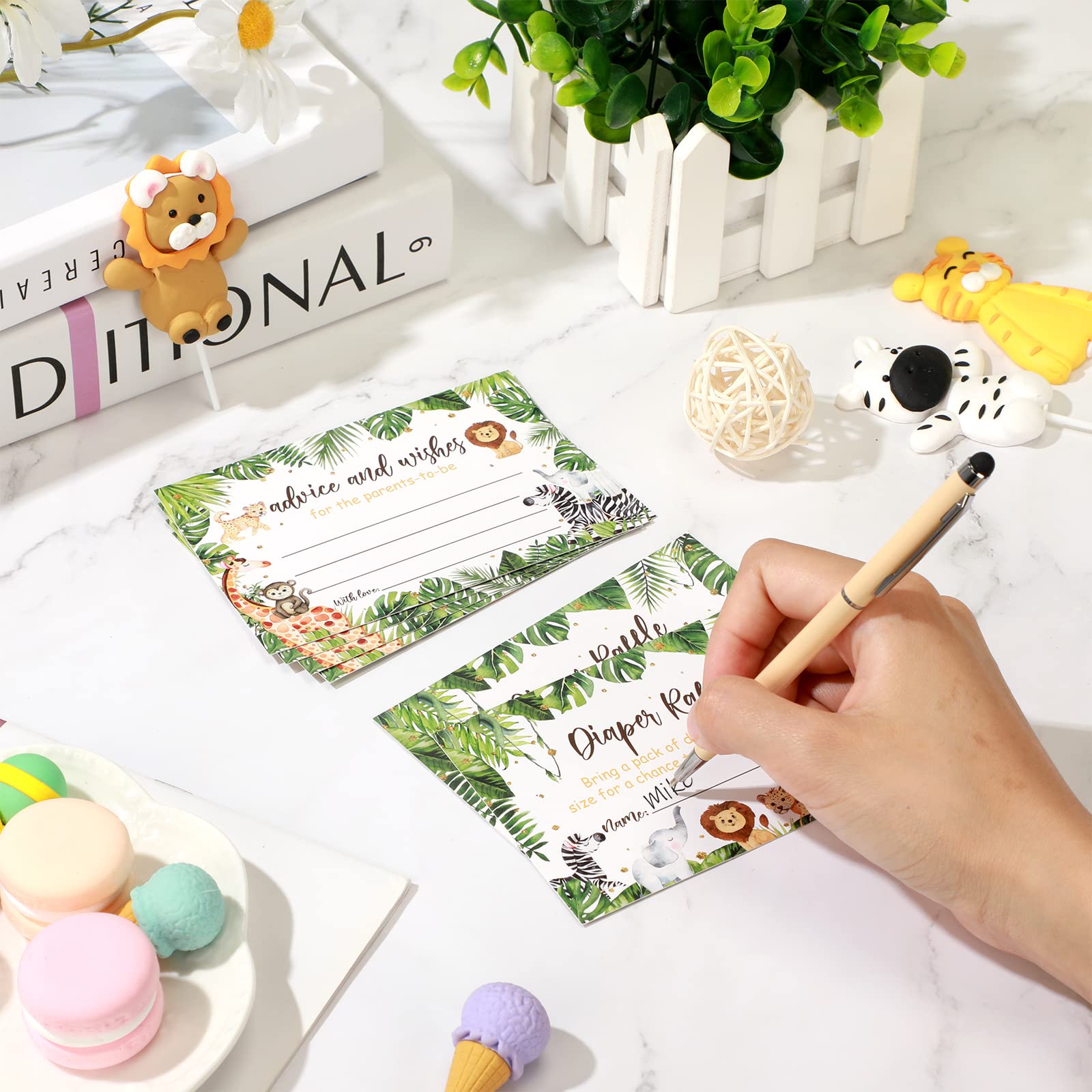 51 Pieces Woodland Baby Shower Card Box And Advice Cards, Diaper Raffle Game Box Tickets, Animals Safari Creatures Party Decorat