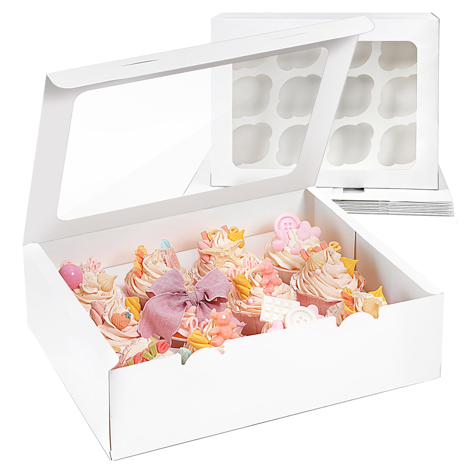 Moretoes 7 Pack Auto-popup Cupcake Boxes,12 Cupcake Containers, Mothers Day Bakery Carrier Boxes with Windows and Inserts for C
