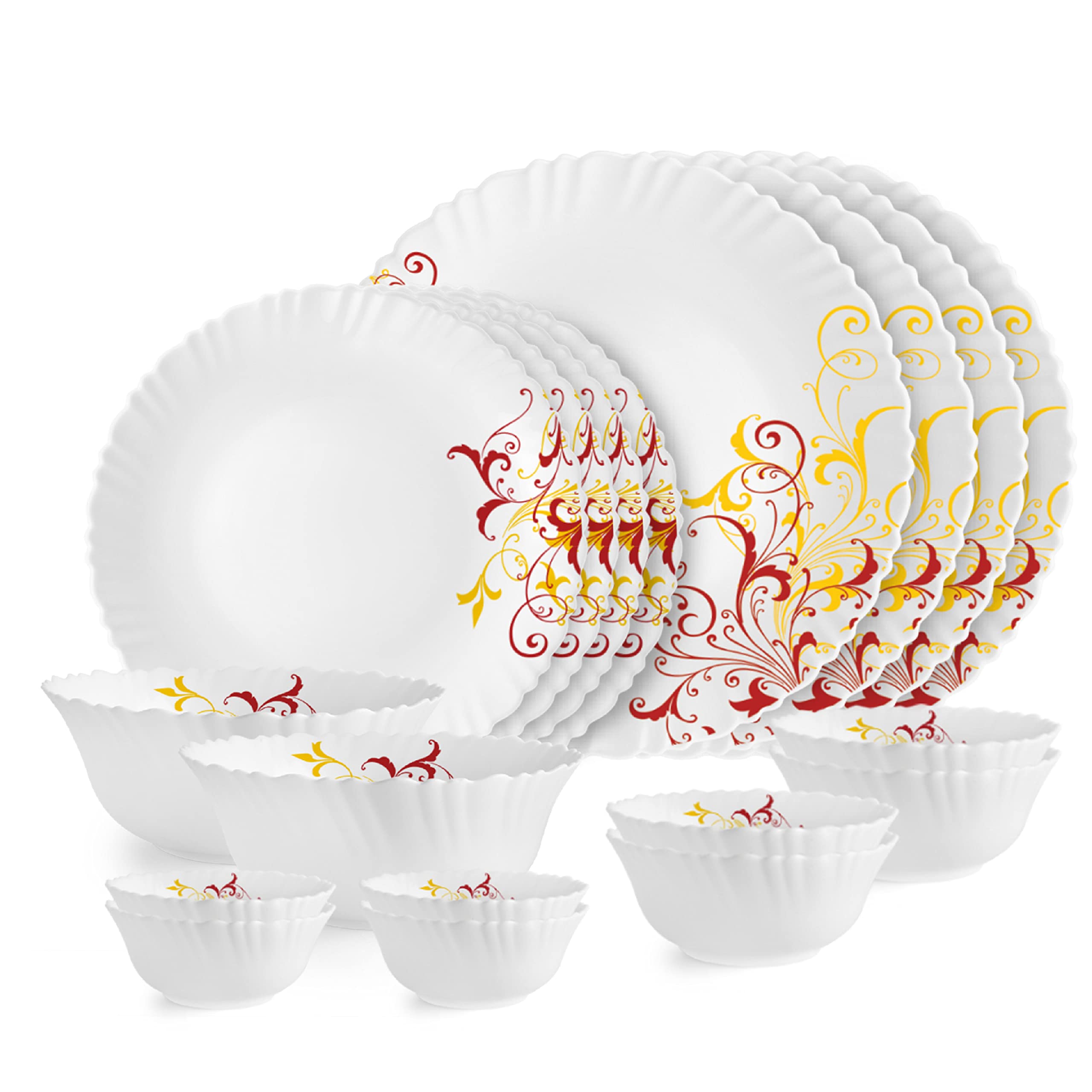 Cello Opalware Dazzle Series Yellow Scroll Dinner Set, 18Pcs | Opal Glass Dinner Set For 4 | Light-Weight, Daily Use Crockery Se