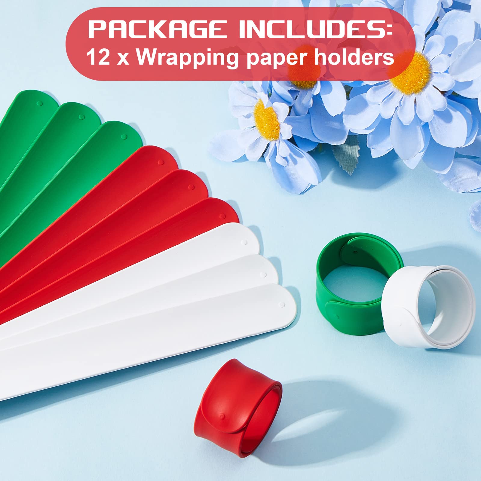Charniol 12 Pieces Wrapping Paper Roll Holder Holiday Flip Wrap Silicone Covered Metal Strips 1   x 9   Stabilizer Slap Band for