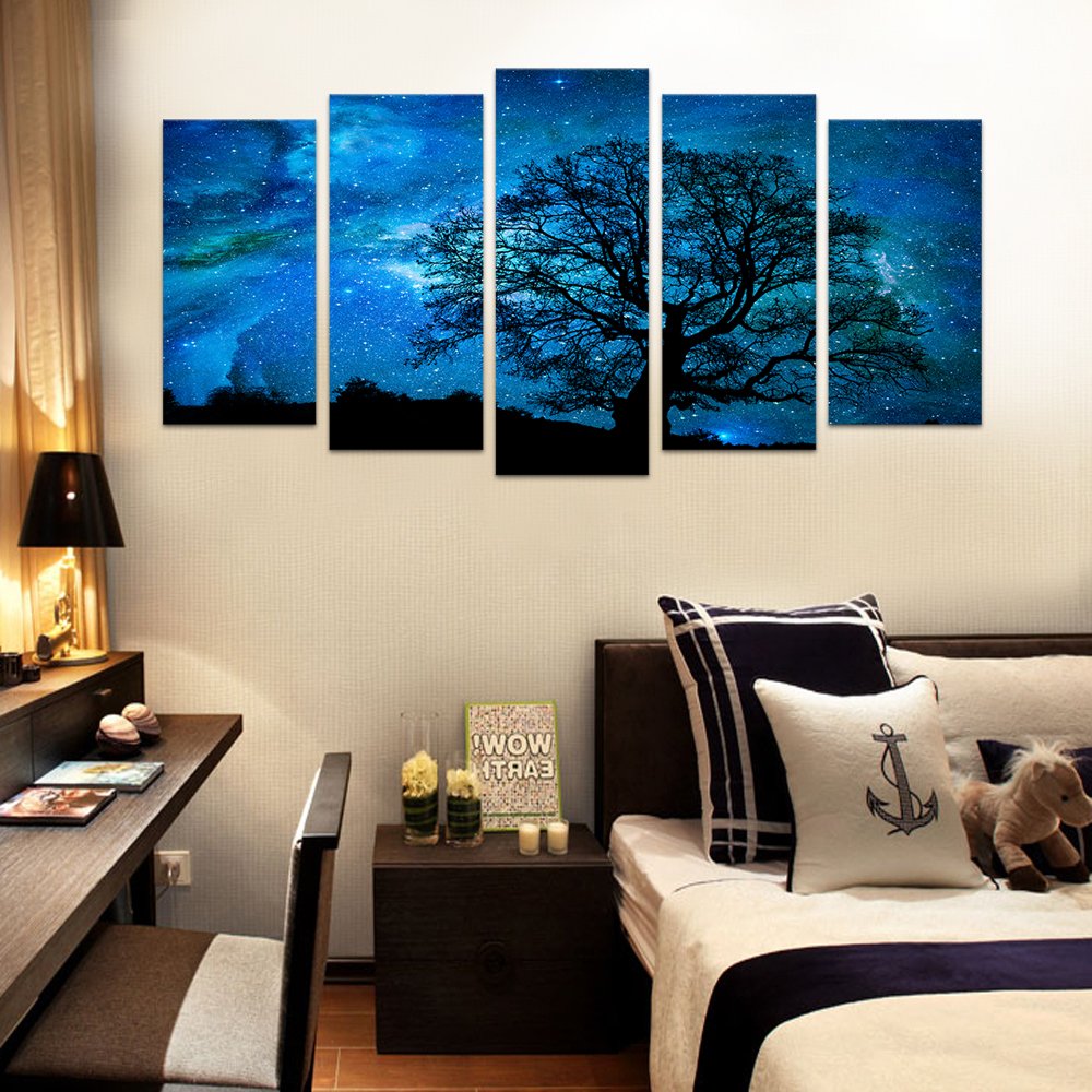 Xlarge Starry Night Canvas Wall Art Black Tree Galaxy Landscape Prints Wall Decal Artwork,Starry Painting Prints For Living Room
