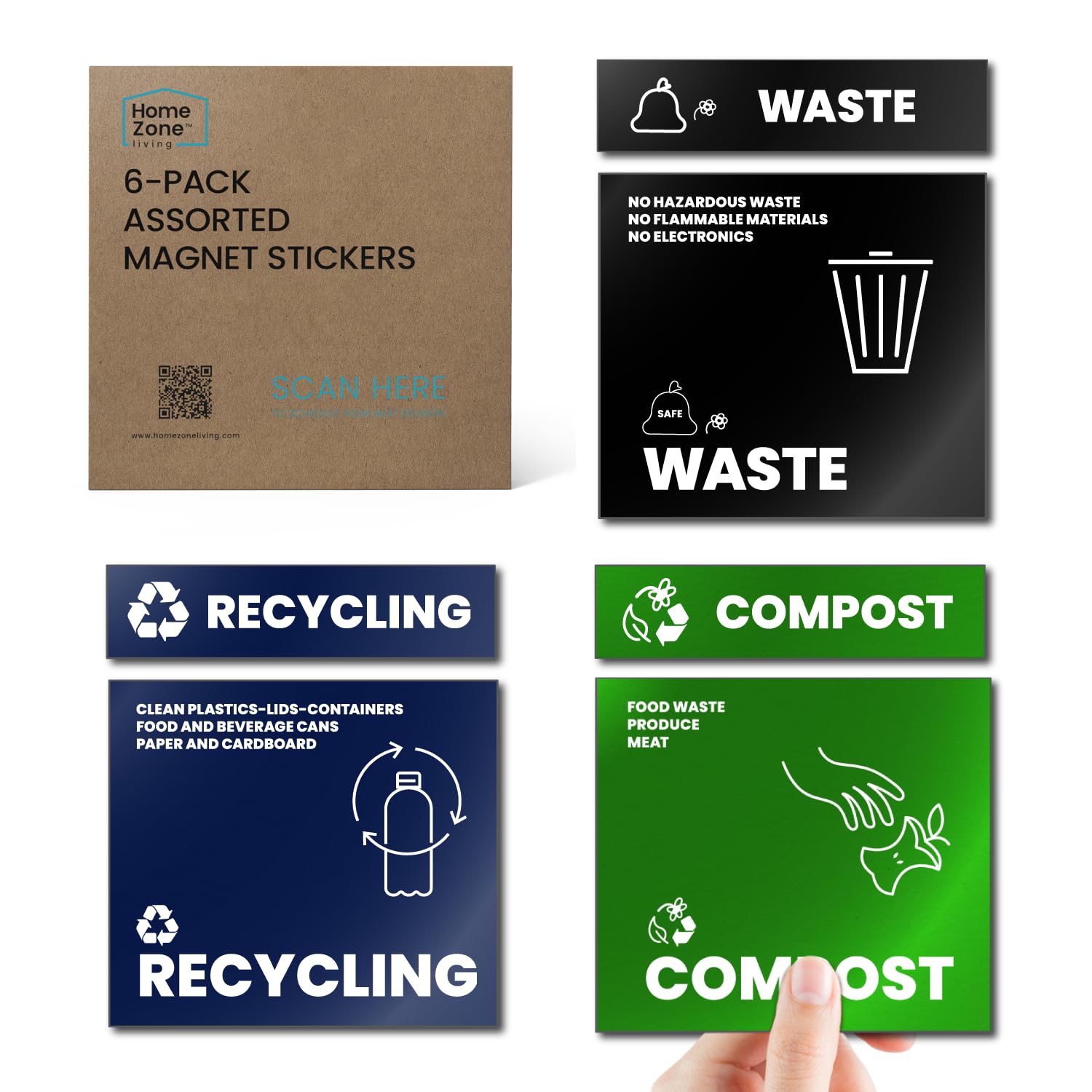 Home Zone Living Kitchen Trash And Recycling Combo Assorted Magnetic Sticker Set For Waste, Recycle, And Compost, 3.94 Inch X 3.