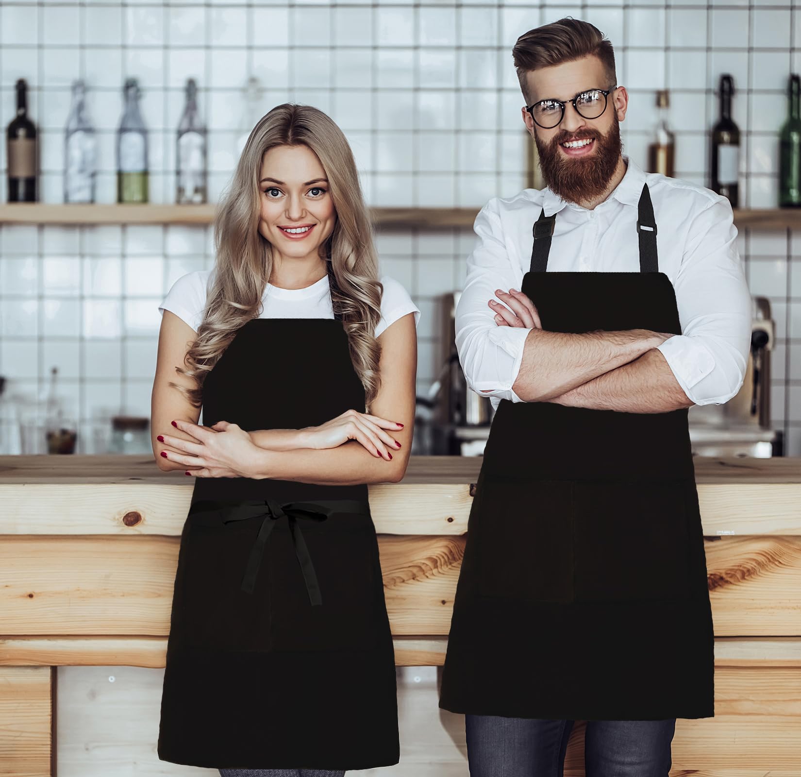 Missowl 2 Pack Adjustable Bib Apron With 2 Pockets Long Ties Kitchen Cooking Chef Aprons For Women Men Black
